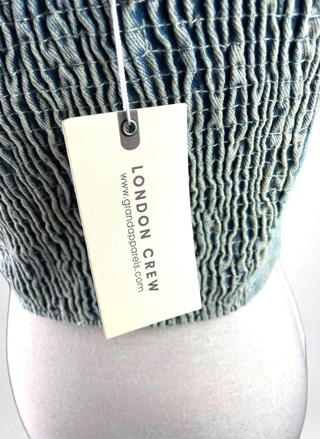 London Crew Light Wash Denim Crop Top Women's UK Size 8 Blue Pockets Shirred