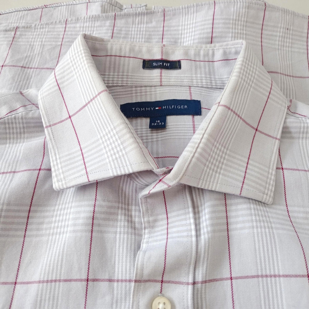 Tommy Hilfiger Shirt Men's UK Size L Beige Check Long Sleeve Pockets Slim Fit
