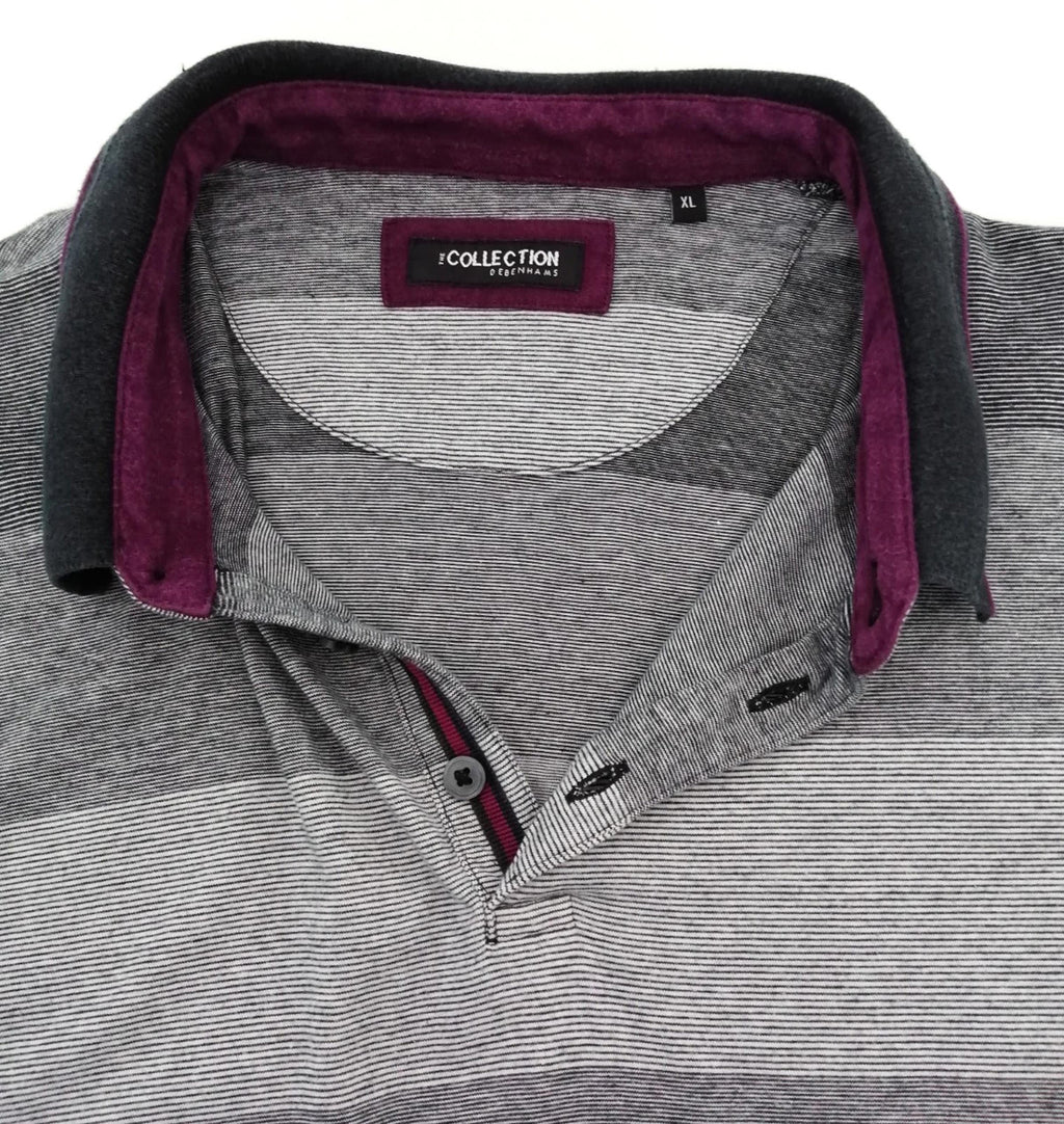 Debenhams Gray Debenhams Men's UK Size XL Grey Polo Shirt Striped Plum Black Collar Side Gusset