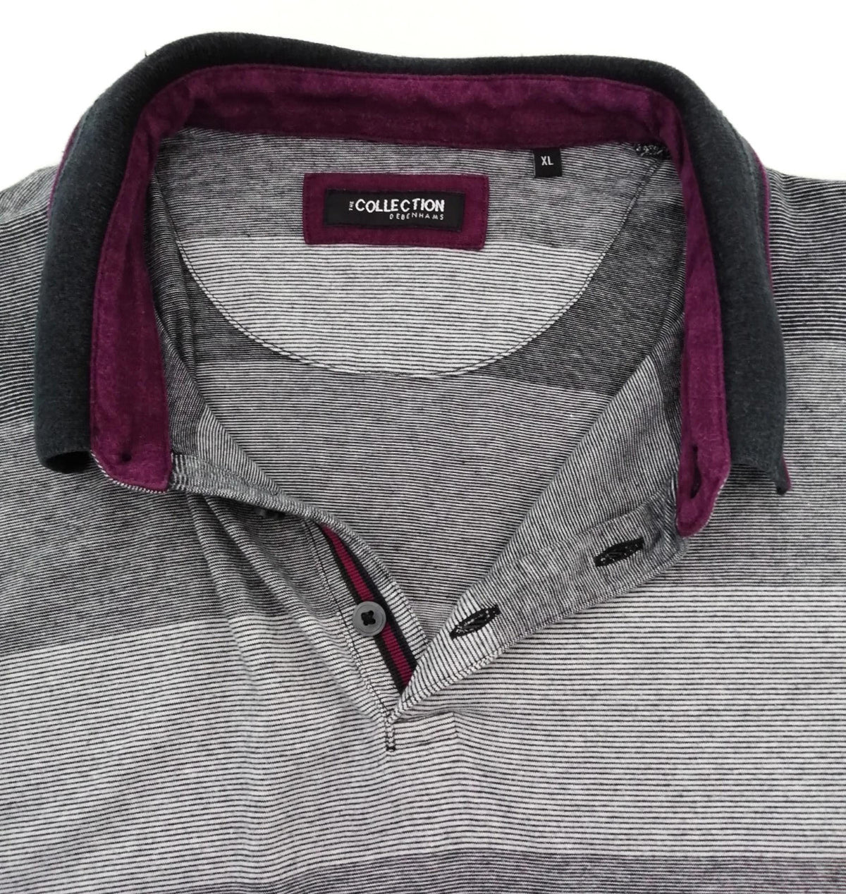 Debenhams Gray Debenhams Men's UK Size XL Grey Polo Shirt Striped Plum Black Collar Side Gusset