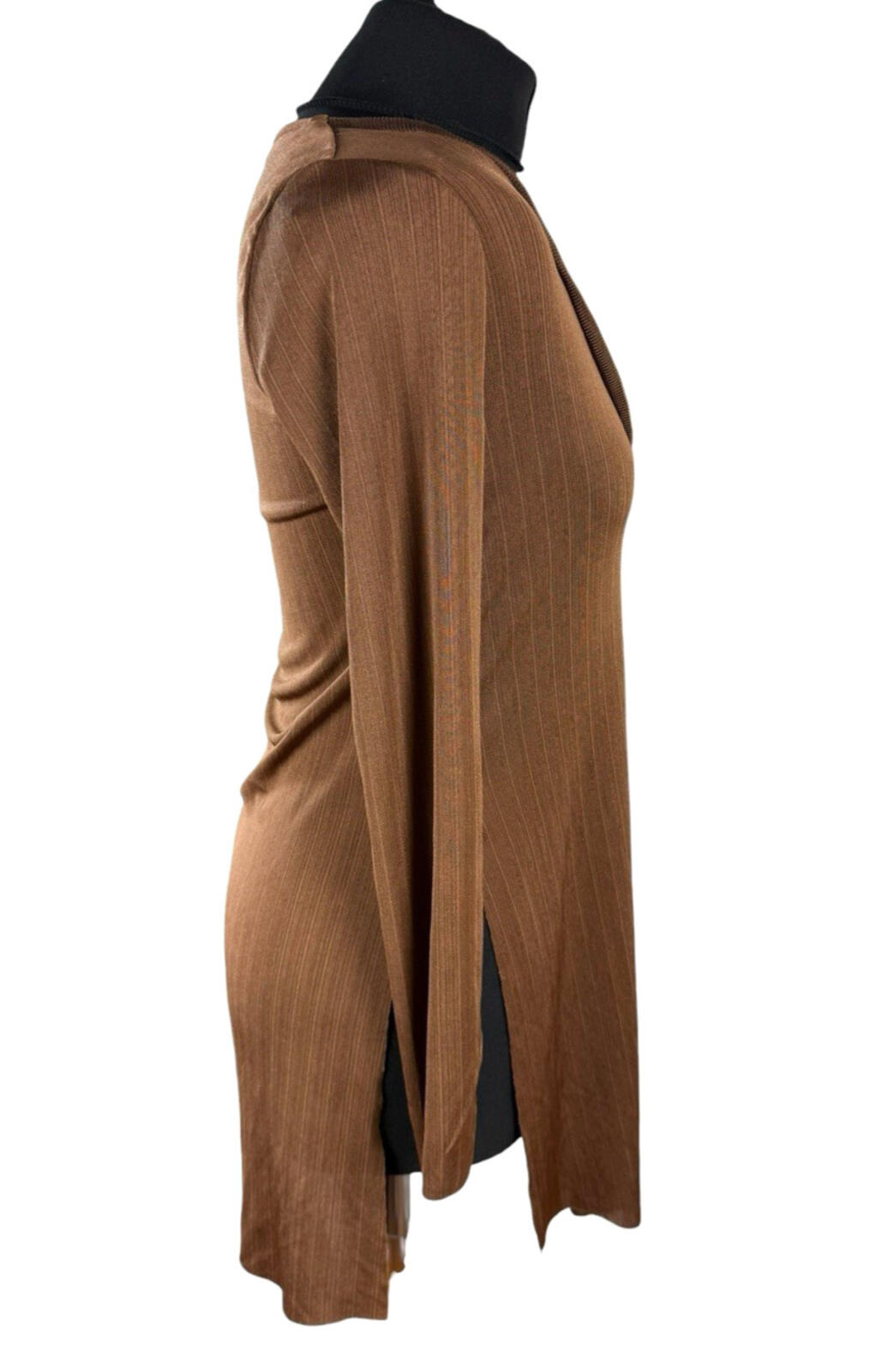 ZARA Brown Zara Long Sleeve Tunic Top Women's UK Size S Side Slit Brown Fine Stripe V-Neck