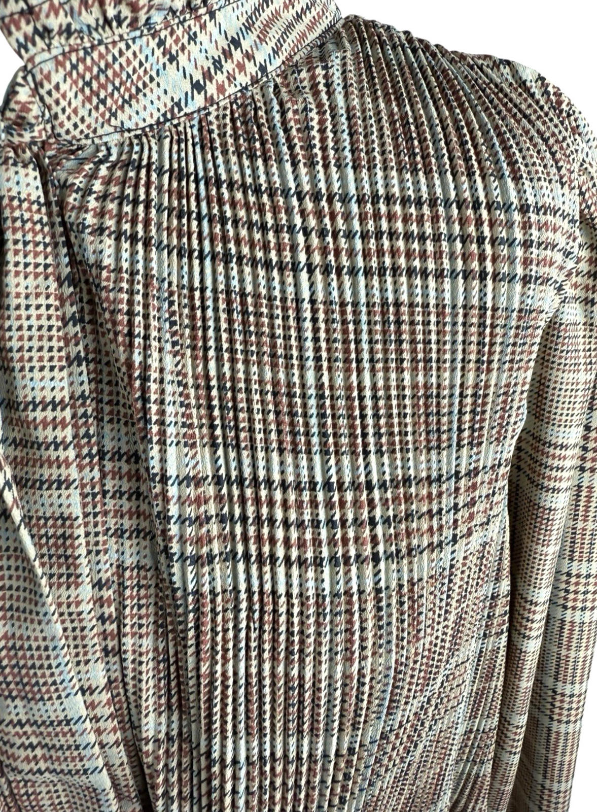 Zara Brown Beige Blouse Tie Neck Top Frilled Hem Women's UK Size L