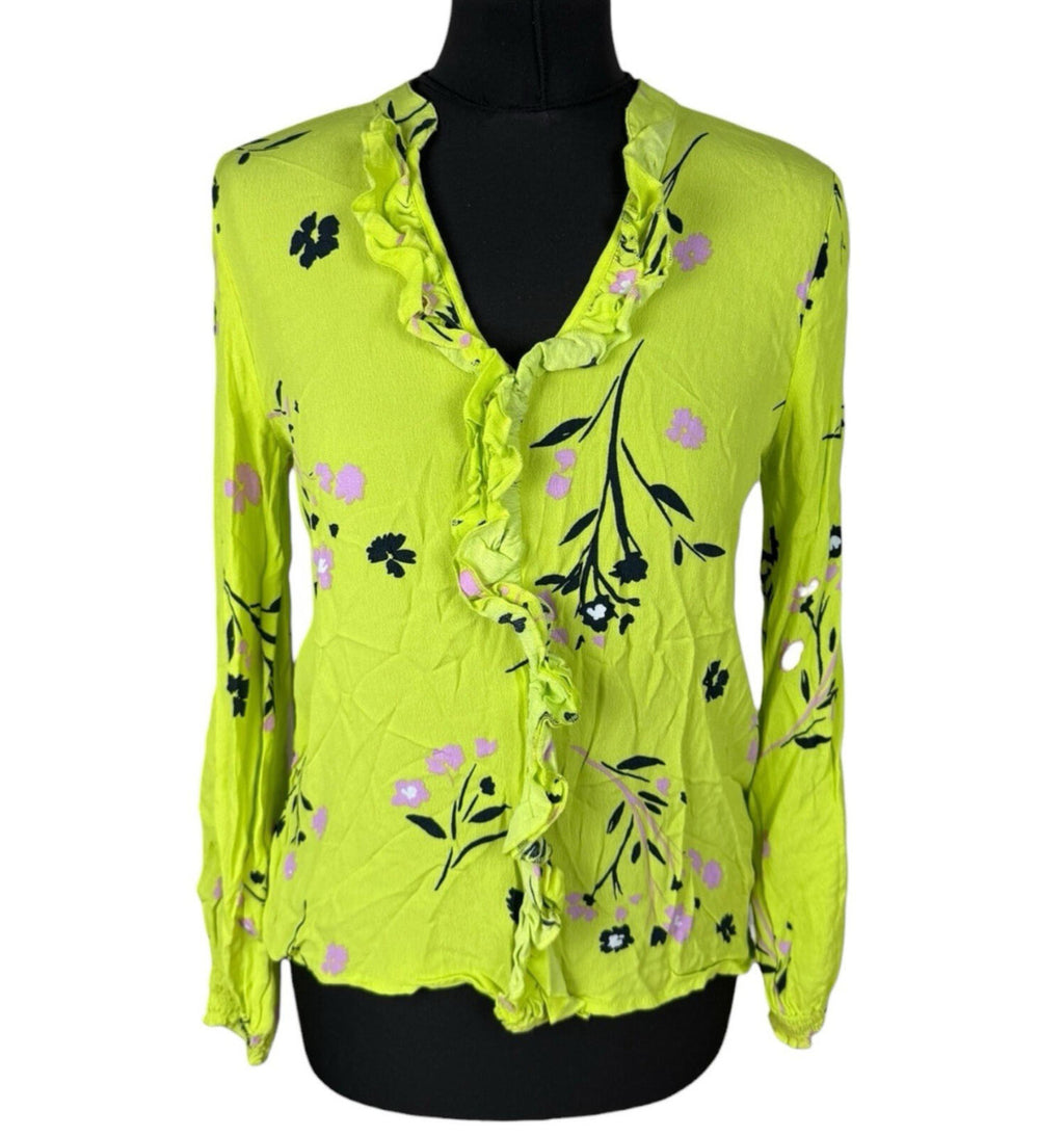 River Island Neon Blouse Women's UK Size 10 Long Sleeve Frill Detail Floral