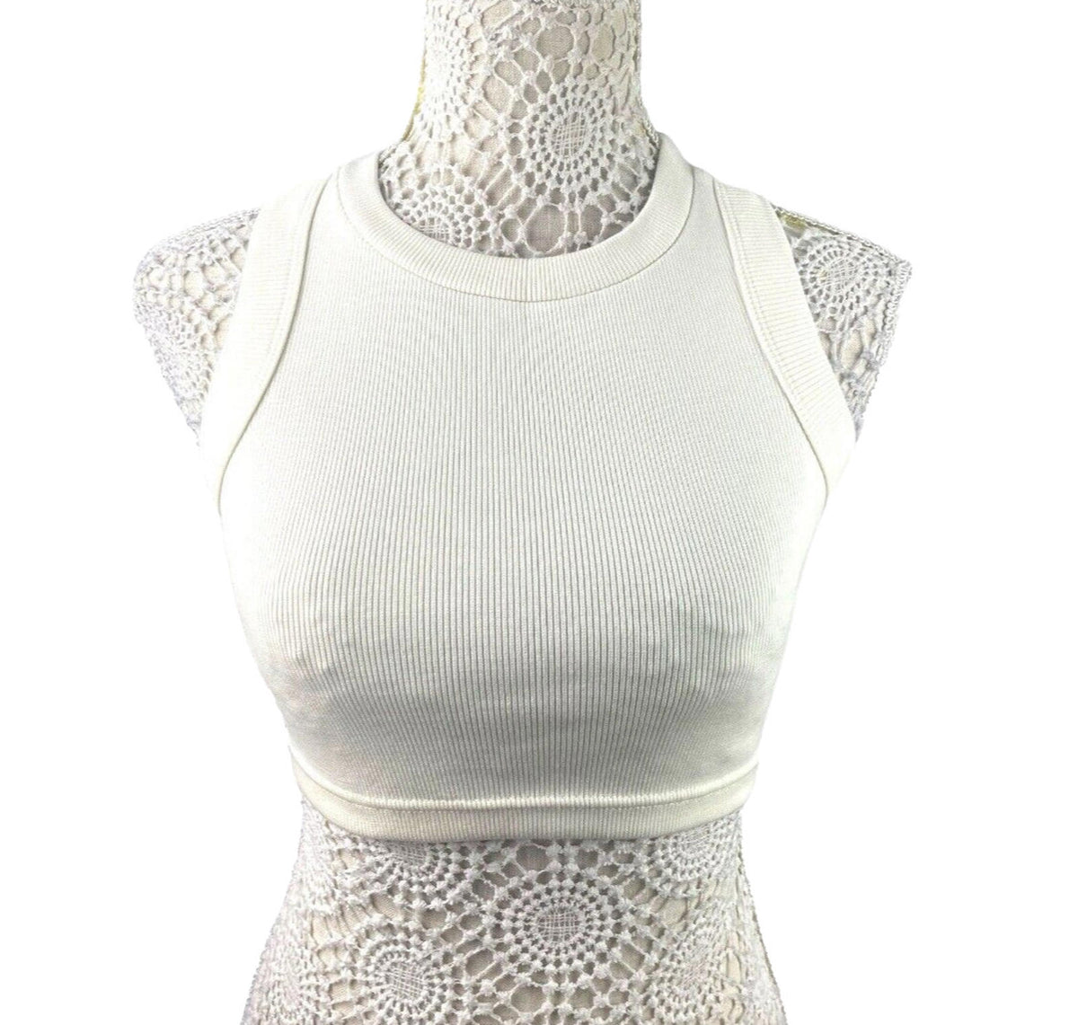 Ribbed Racerback Crop Top Women's UK Size S Ivory Crew Neck Sleeveless Summer