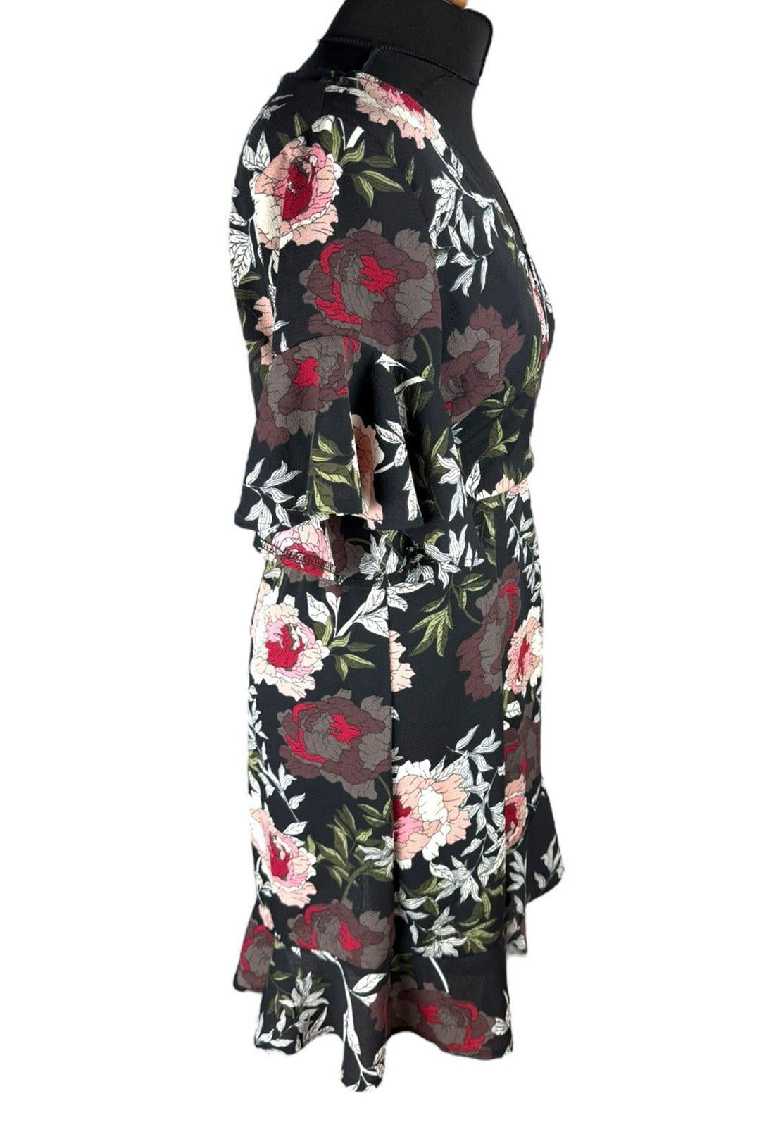 AX Paris Dress Black Floral Wrap Front Frill Knee Length Women's UK Size 10