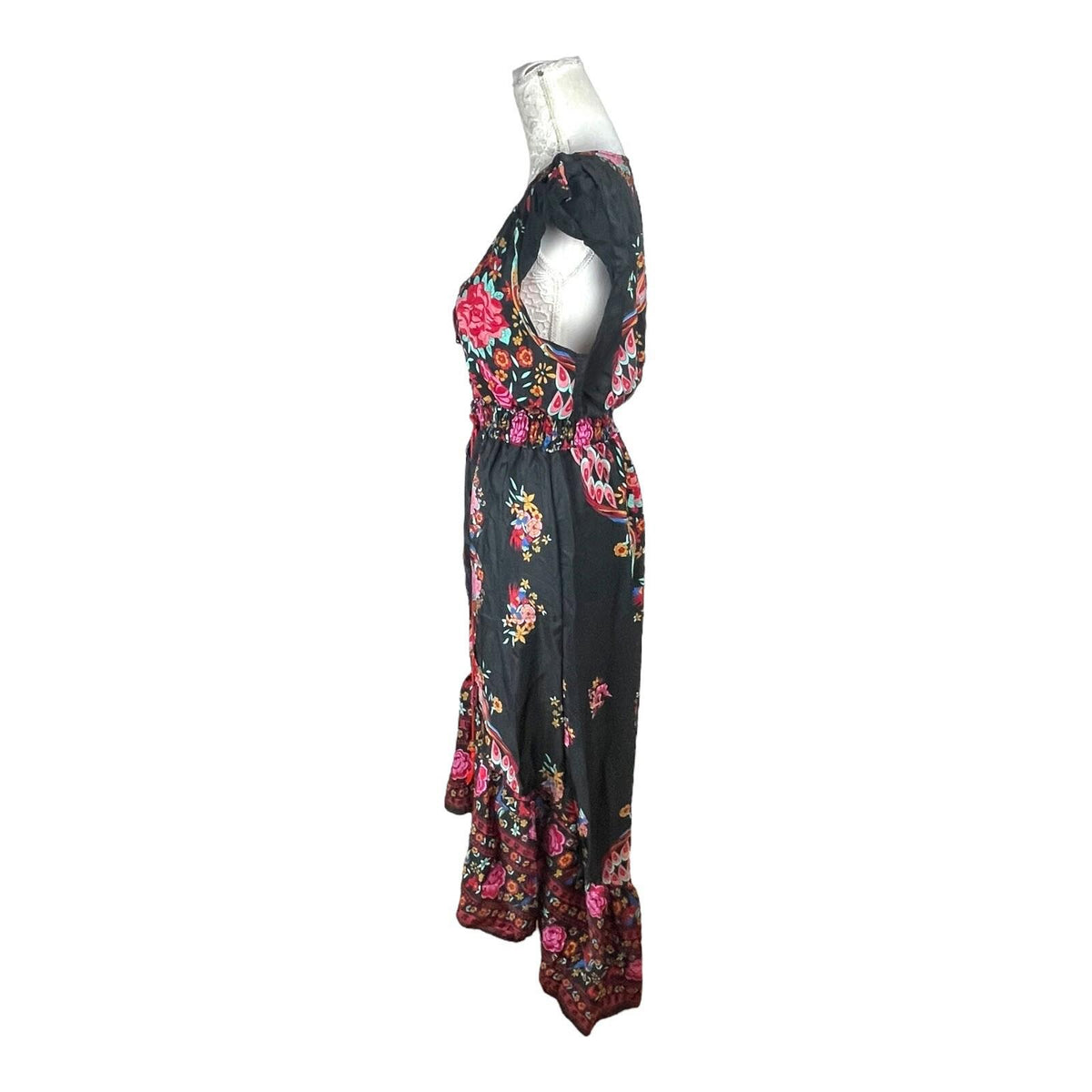 Floral & Peacock Maxi Dress Women's UK Size L Multi Length Button Down Front