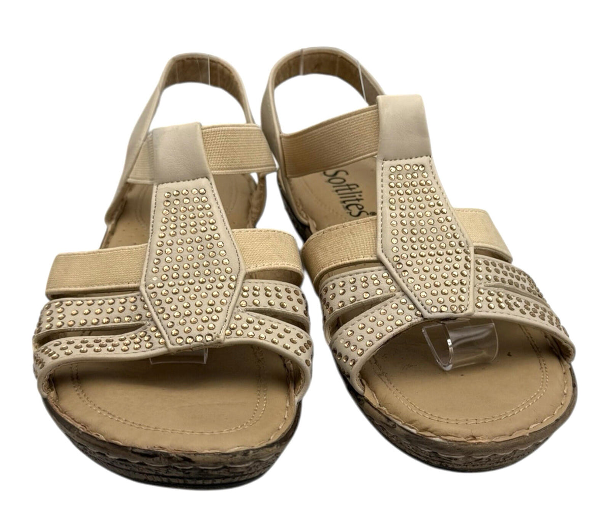Softlites Tan Softlites Sandals Elasticated Diamante Low Heel Cushioned Gladiator Beige Gold