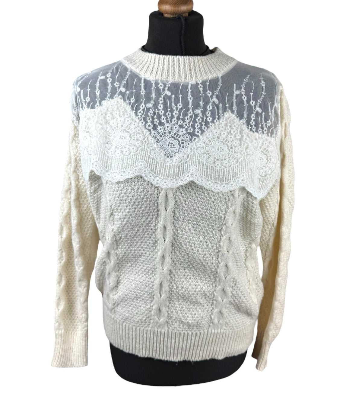 Shein Beige Knit Jumper White Lace Panel Long Sleeve Women's UK Size L