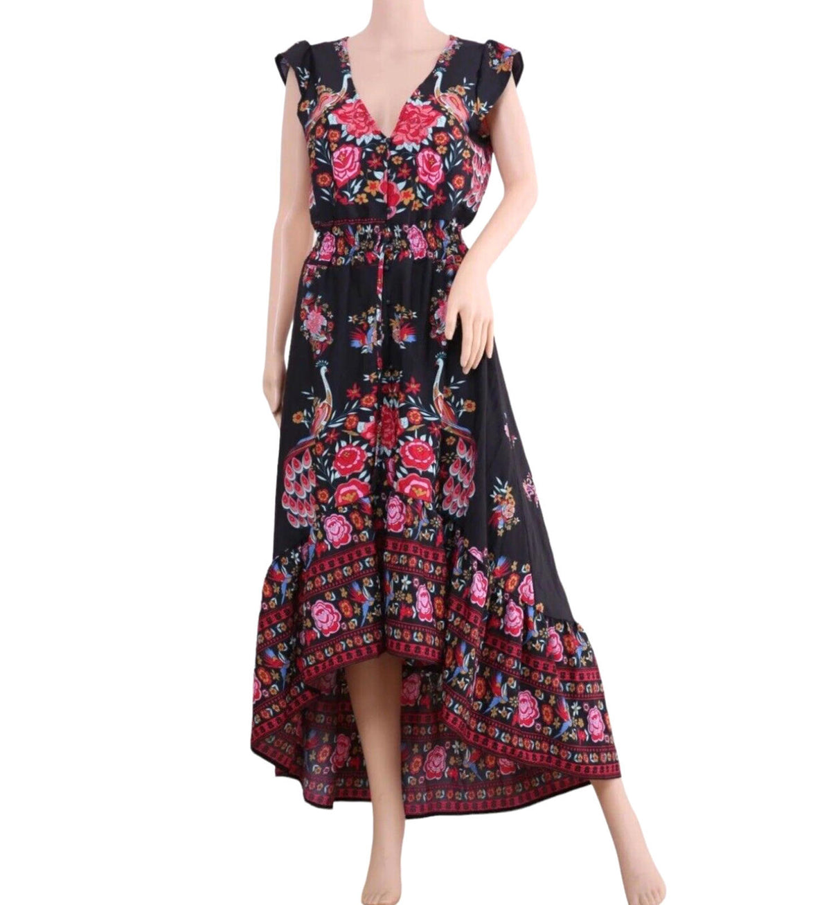 Floral & Peacock Maxi Dress Women's UK Size L Multi Length Button Down Front