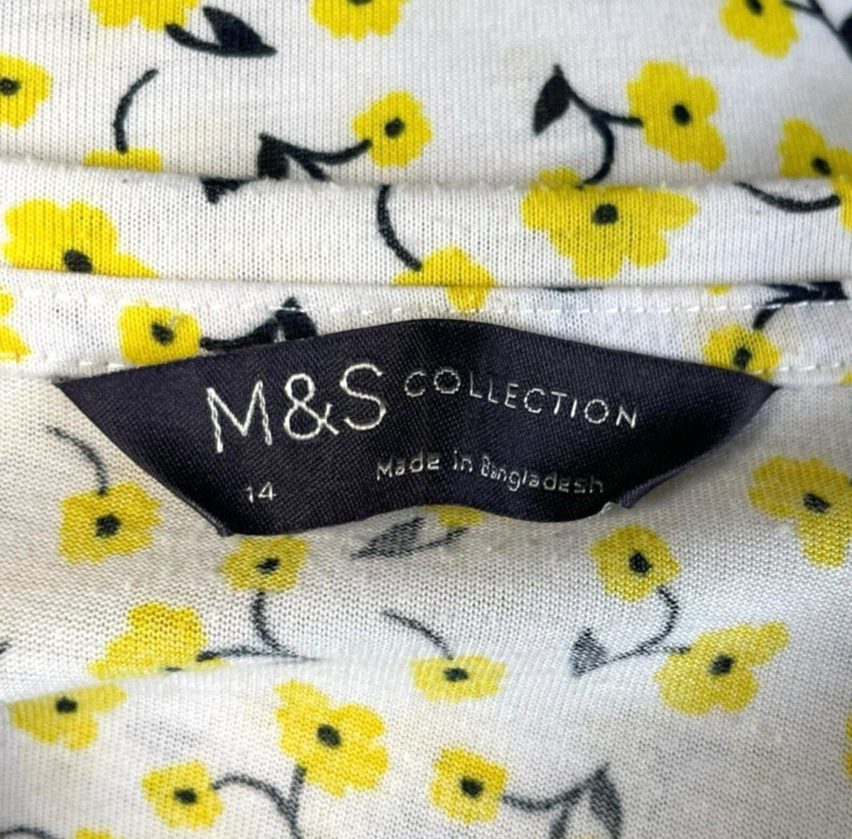Marks & Spencer White Yellow Floral T-Shirt Blouse Women's UK Size 14 Crew Neck