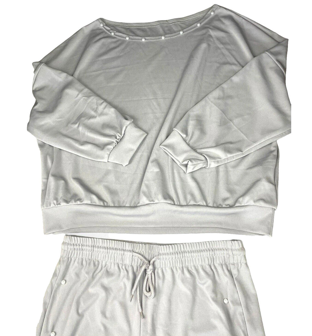 Pearl Embellished Tracksuit Co-Ord Set Women's UK Size L Grey Jog Pants & Top