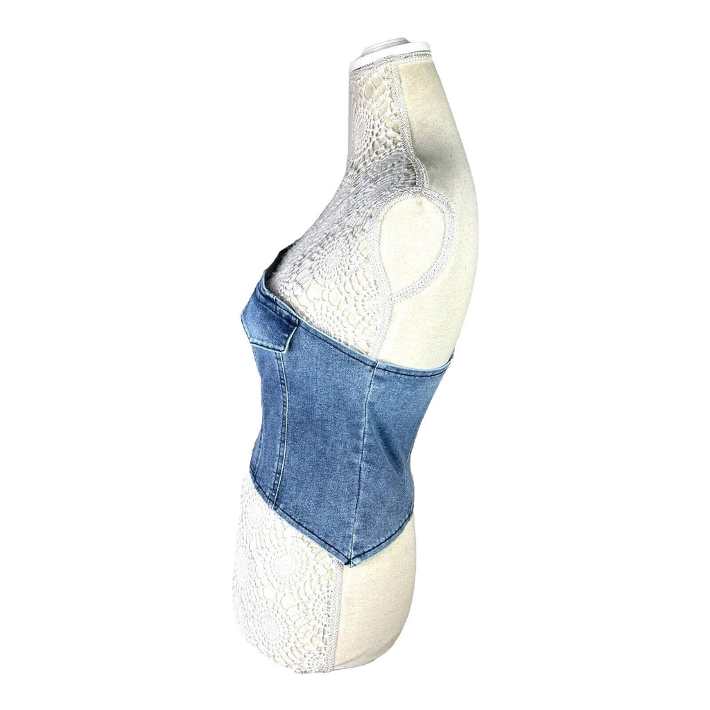 Blue Denim One Shoulder Asymmetrical Crop Top Mock Pocket Women's UK Size 8