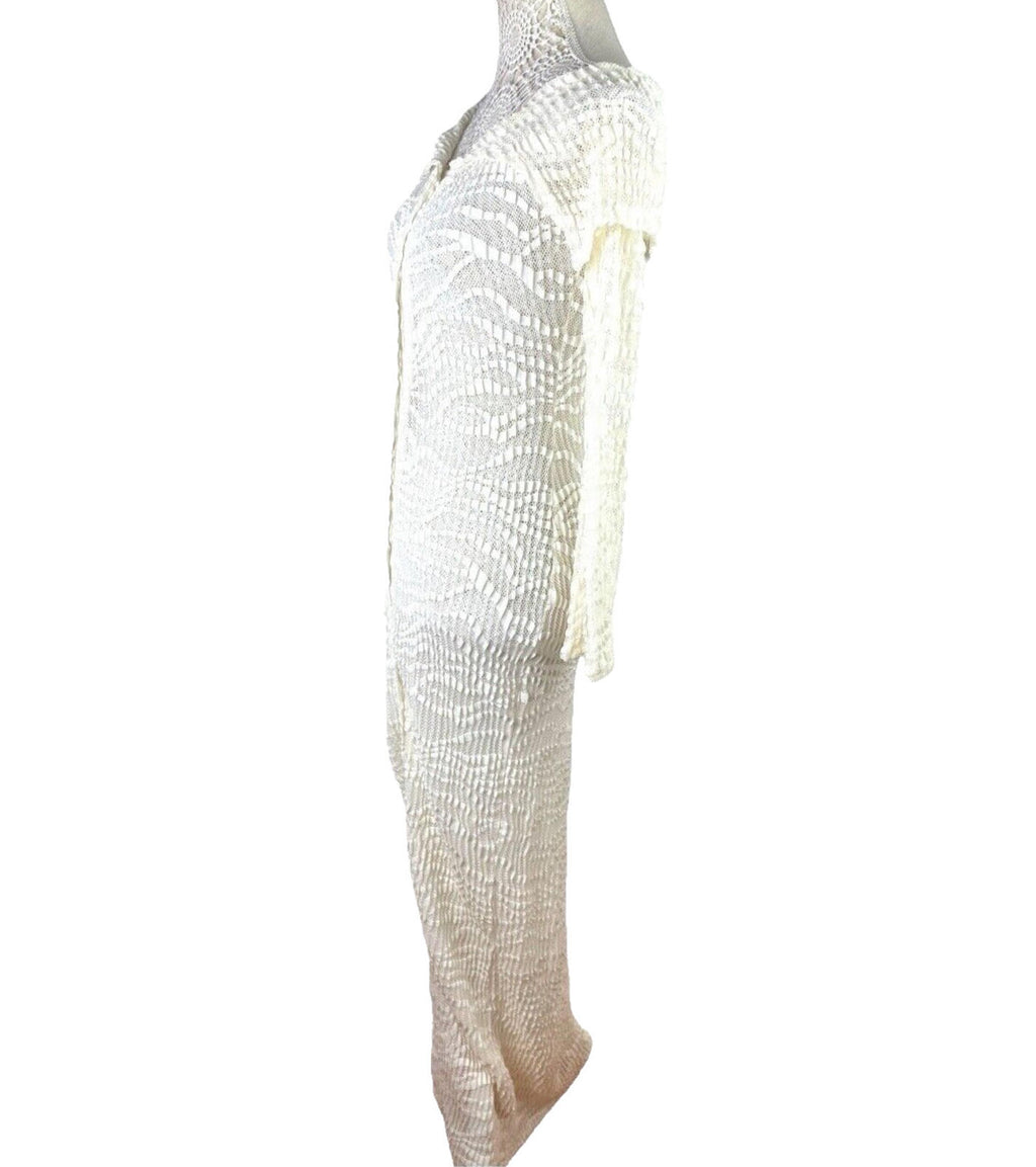 Maxi Dress Cream Textured Semi Sheer Shirt Dress Long Sleeve Women’s UK Size 8