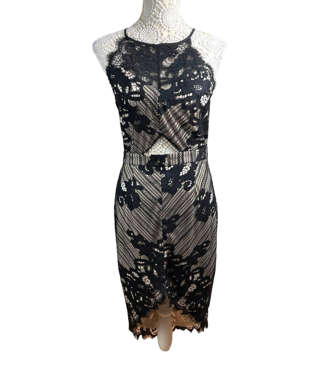 Missguided Midi Dress Lace Black & Nude Women's UK Size 12