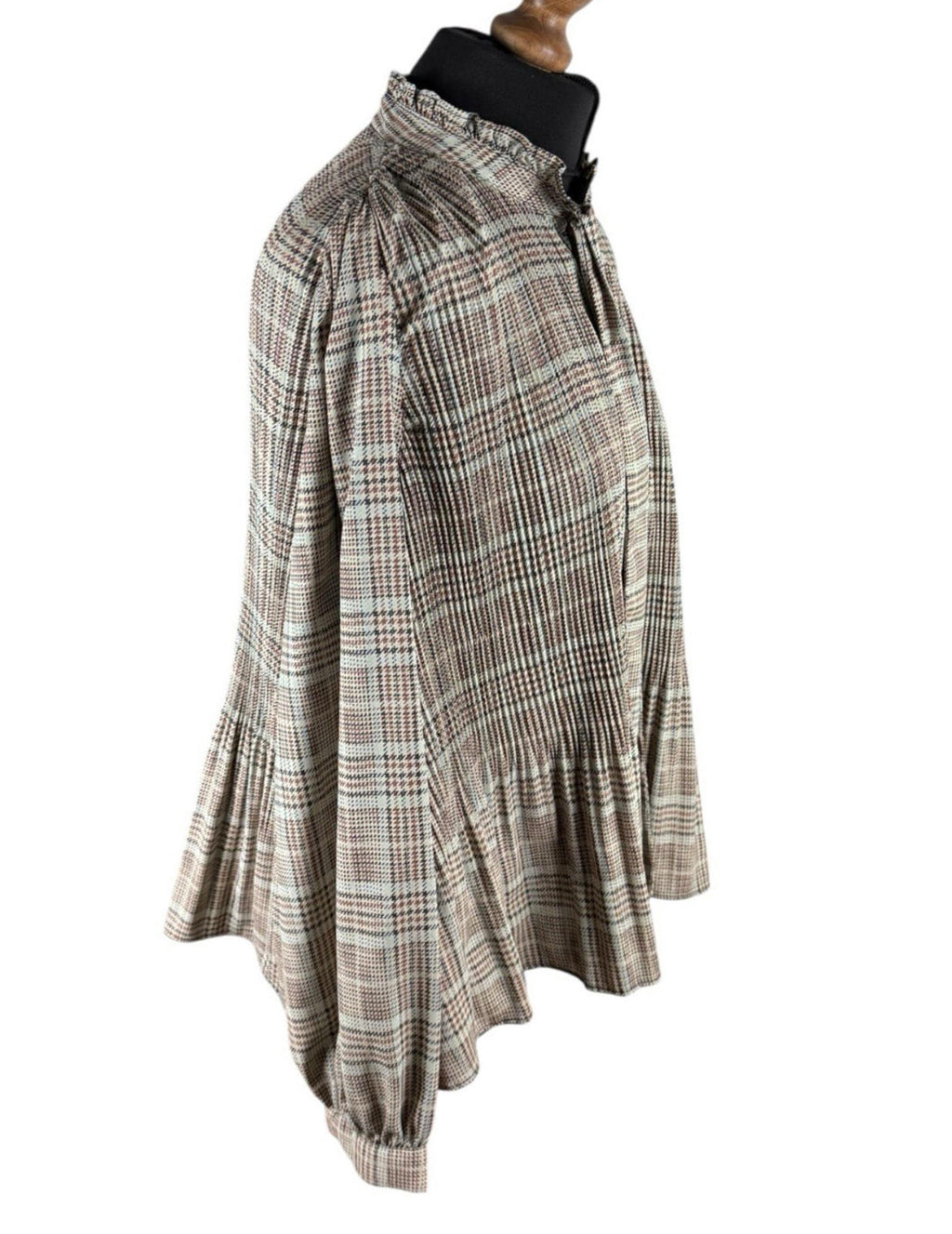 Zara Brown Beige Blouse Tie Neck Top Frilled Hem Women's UK Size L