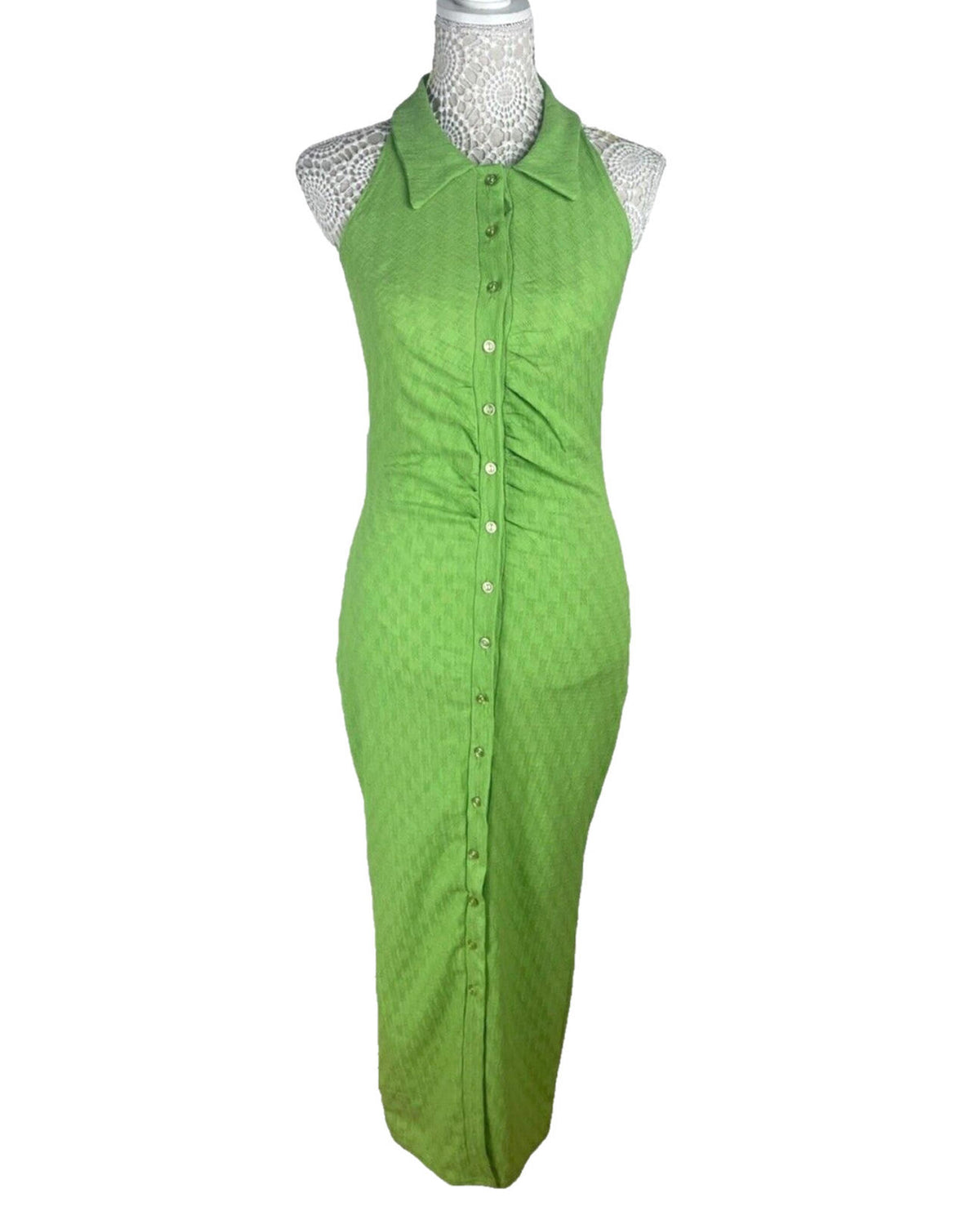 Button Front Dress Green Sleeveless Green Textured Fabric Women's UK Size 8