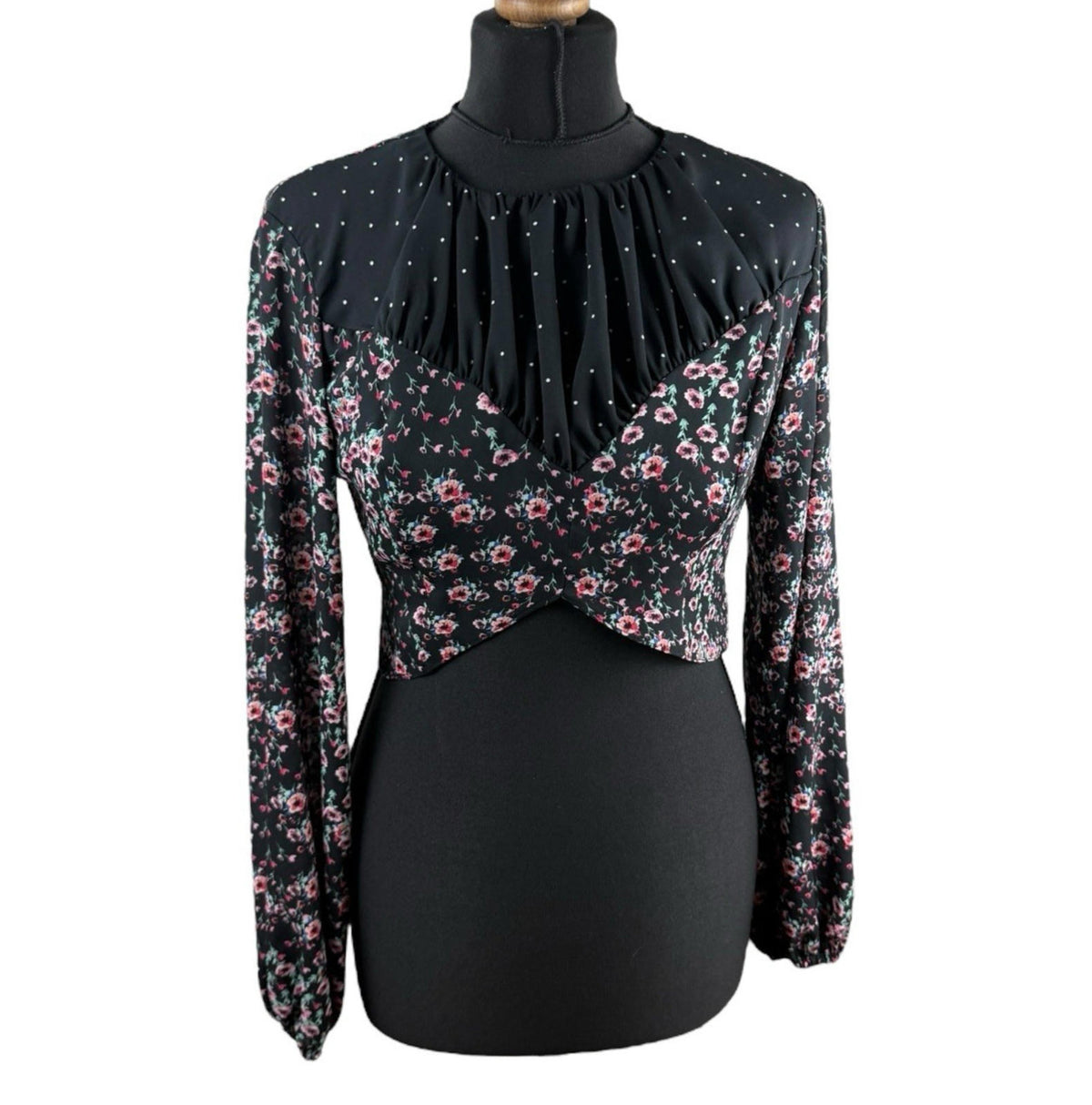 Topshop Black Floral Crop Top Backless High Neck Long Sleeve Women's UK Size 10