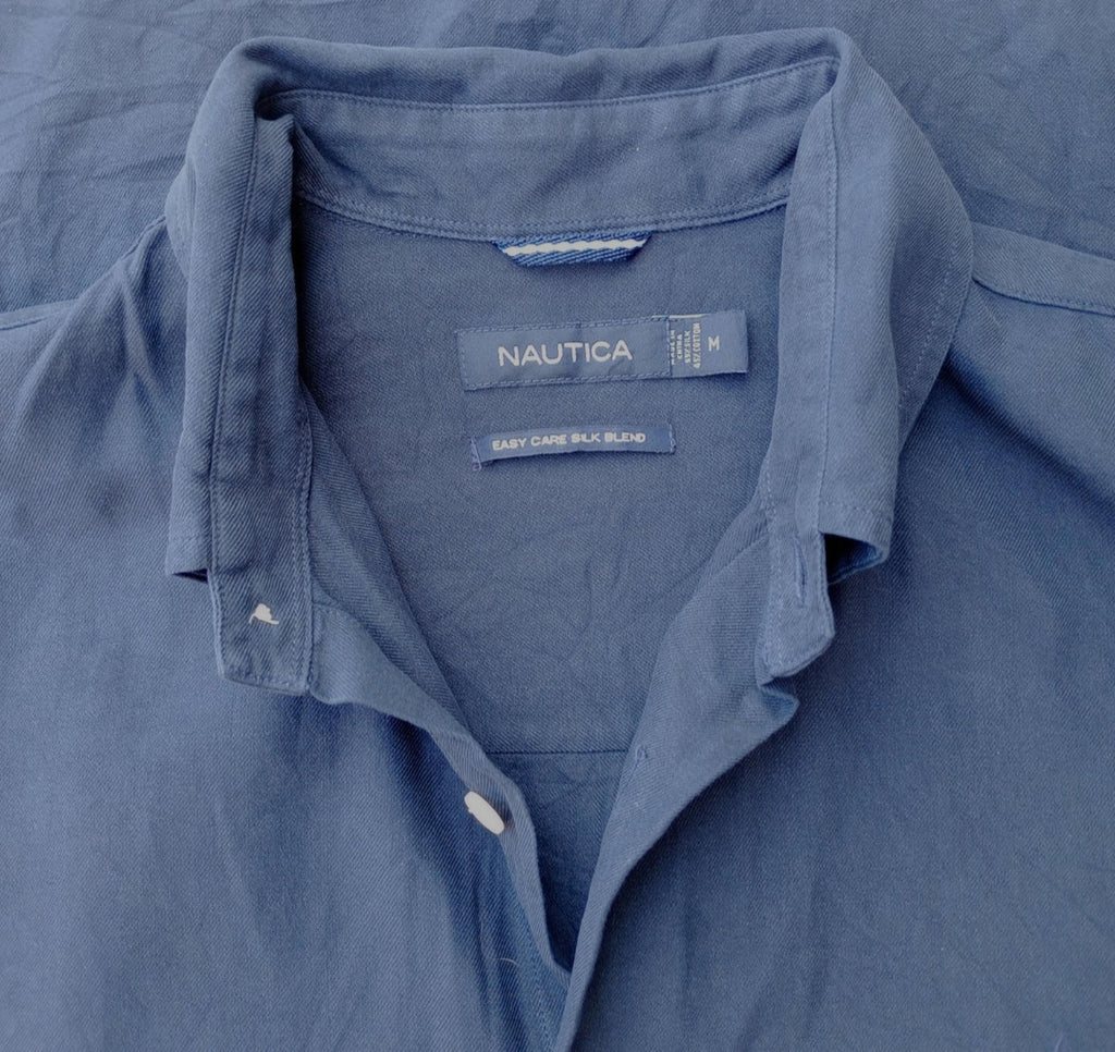 Nautica Shirt Men's UK Size M Blue Short Sleeve Silk Blend Easy Care Embroidered