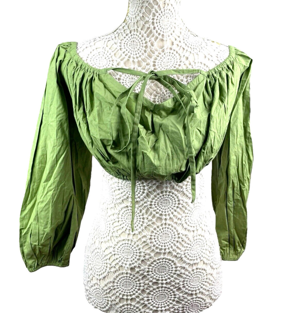 Khaki Green Off Shoulder Crop Top 3/4 Bell Sleeve Women's UK Size 8