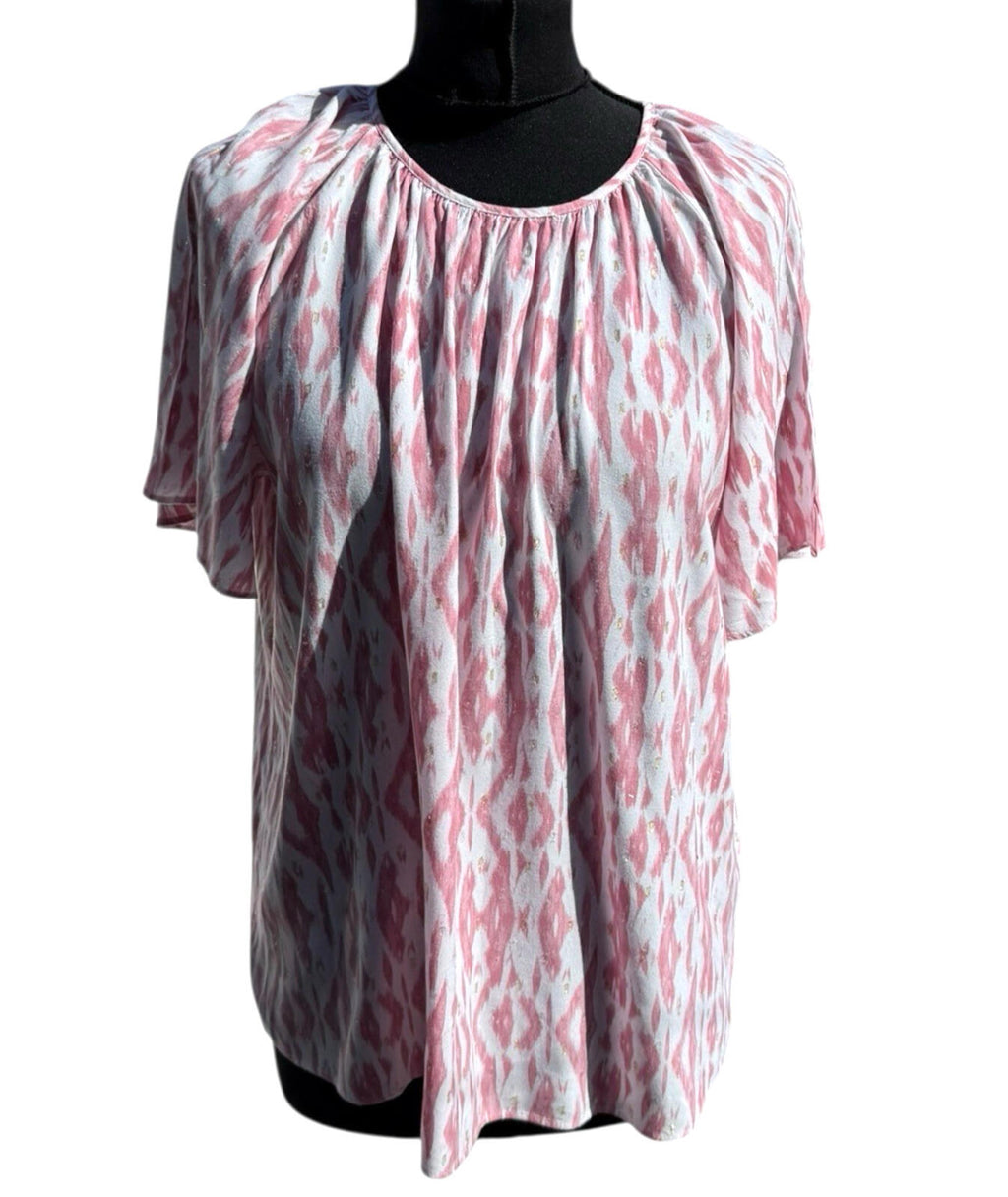 Papaya Pink White T-Shirt Blouse Gold Shimmer Geometric Print Women's UK Size 14
