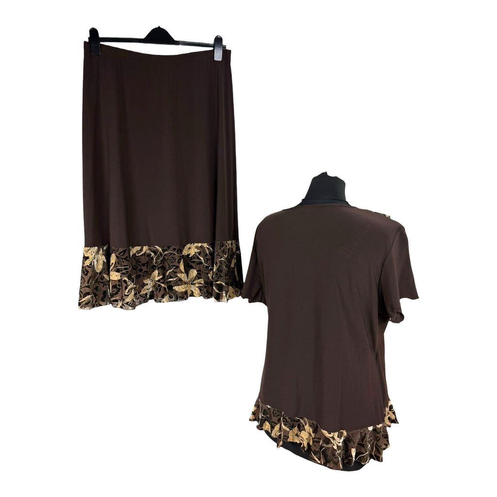 Saksos Skirt And Top Co-Ord Set Women's UK Size XL Stretch Floral Frill Brown