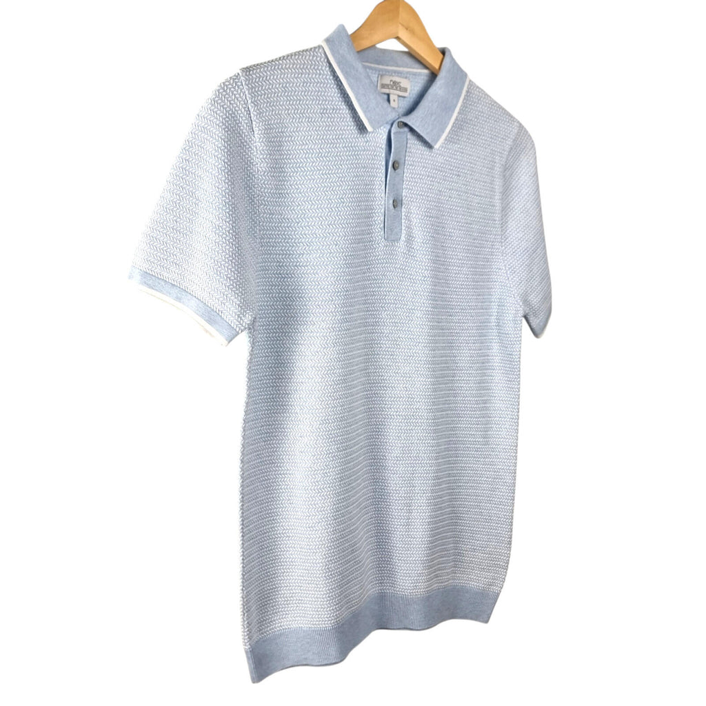 Next LightBlue Next Knit Polo Shirt Men's UK Size S Textured Sky Blue Short Sleeve 100% Cotton