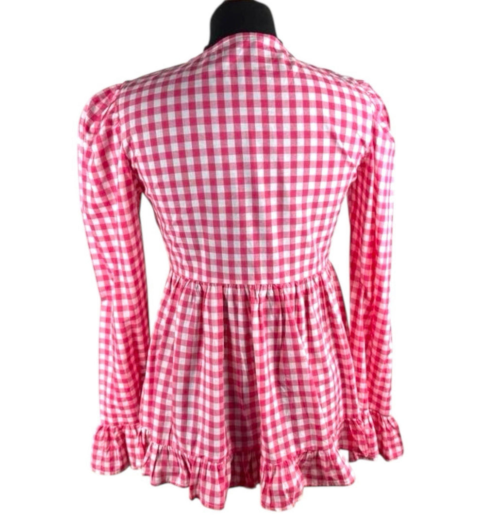 Red Gingham Tie Front Blouse Long Sleeve Grilled Hem Women's UK Size S