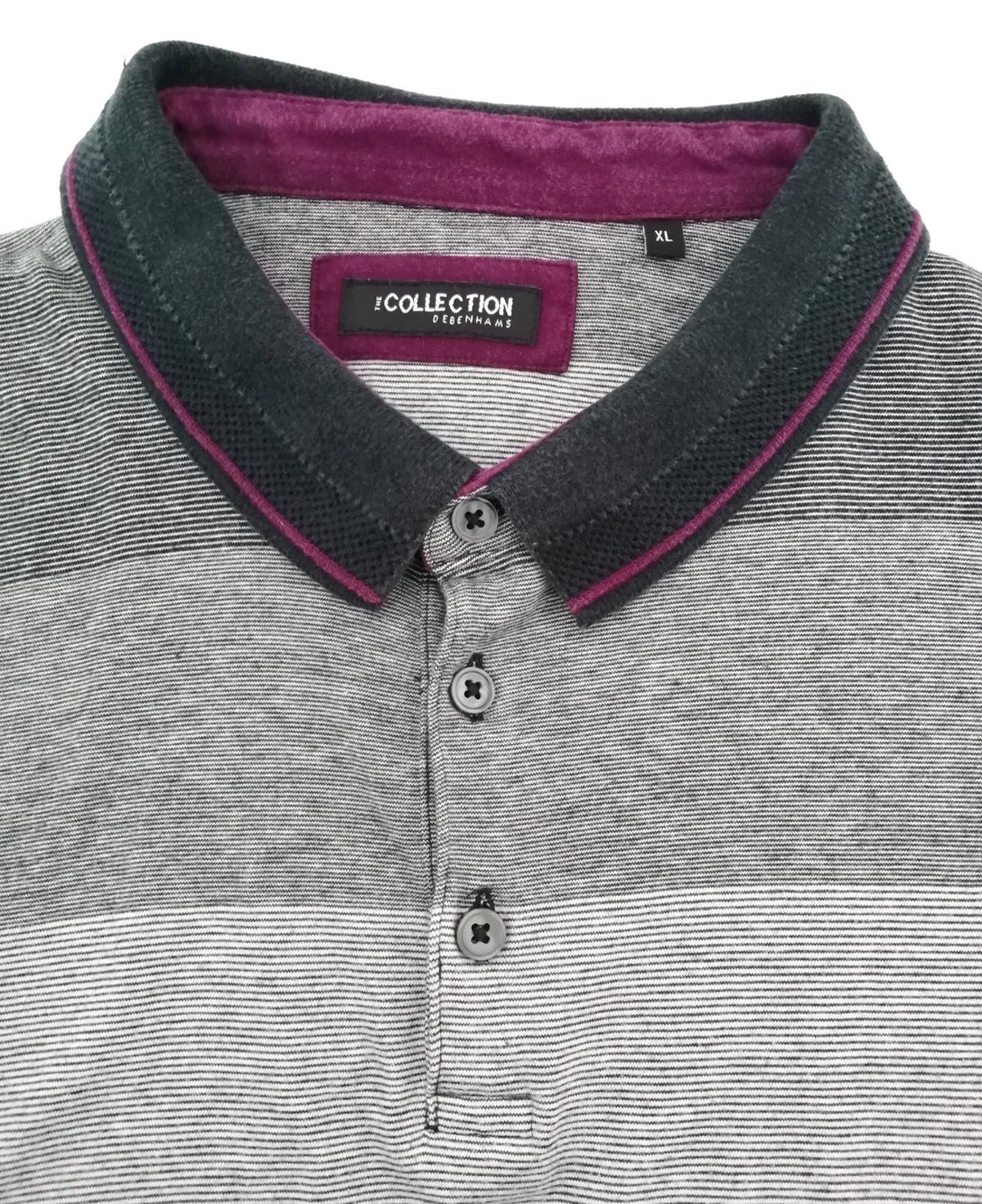 Debenhams Gray Debenhams Men's UK Size XL Grey Polo Shirt Striped Plum Black Collar Side Gusset