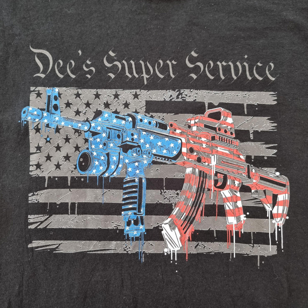 Gildan Black Graphic Print T-Shirt Men's UK Size S Black Dee's Super Service 100% Cotton