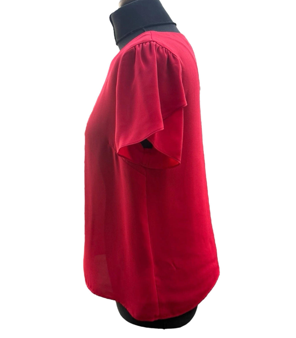 Oasis Bright Red Chiffon Top Short Frill Sleeve Round Neck Women's UK Size 12