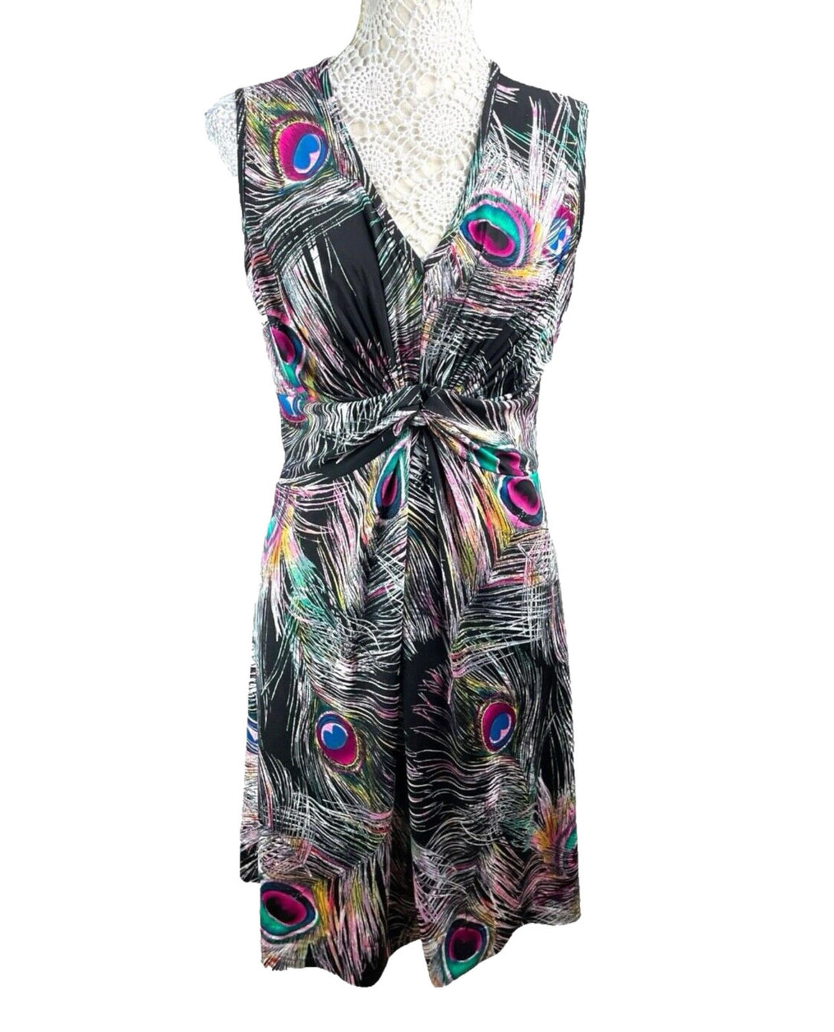 Peacock Feather Print Midi Dress Women’s UK Size M Sleeveless Ruched Waist