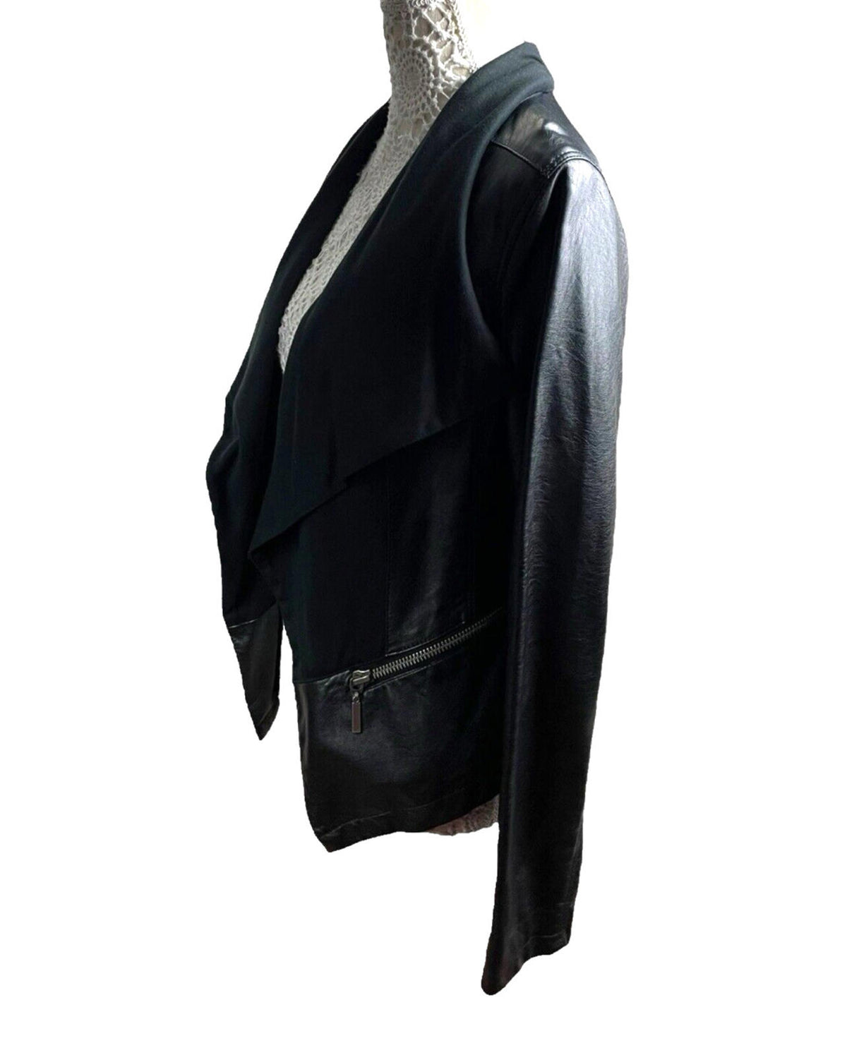 Lipsy Black Faux Leather Biker Jacket Collared Open Front Women’s UK Size 12