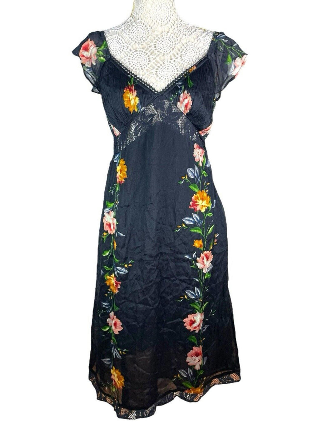 Black Floral Maxi Dress Lace Panels Women's UK Size 8
