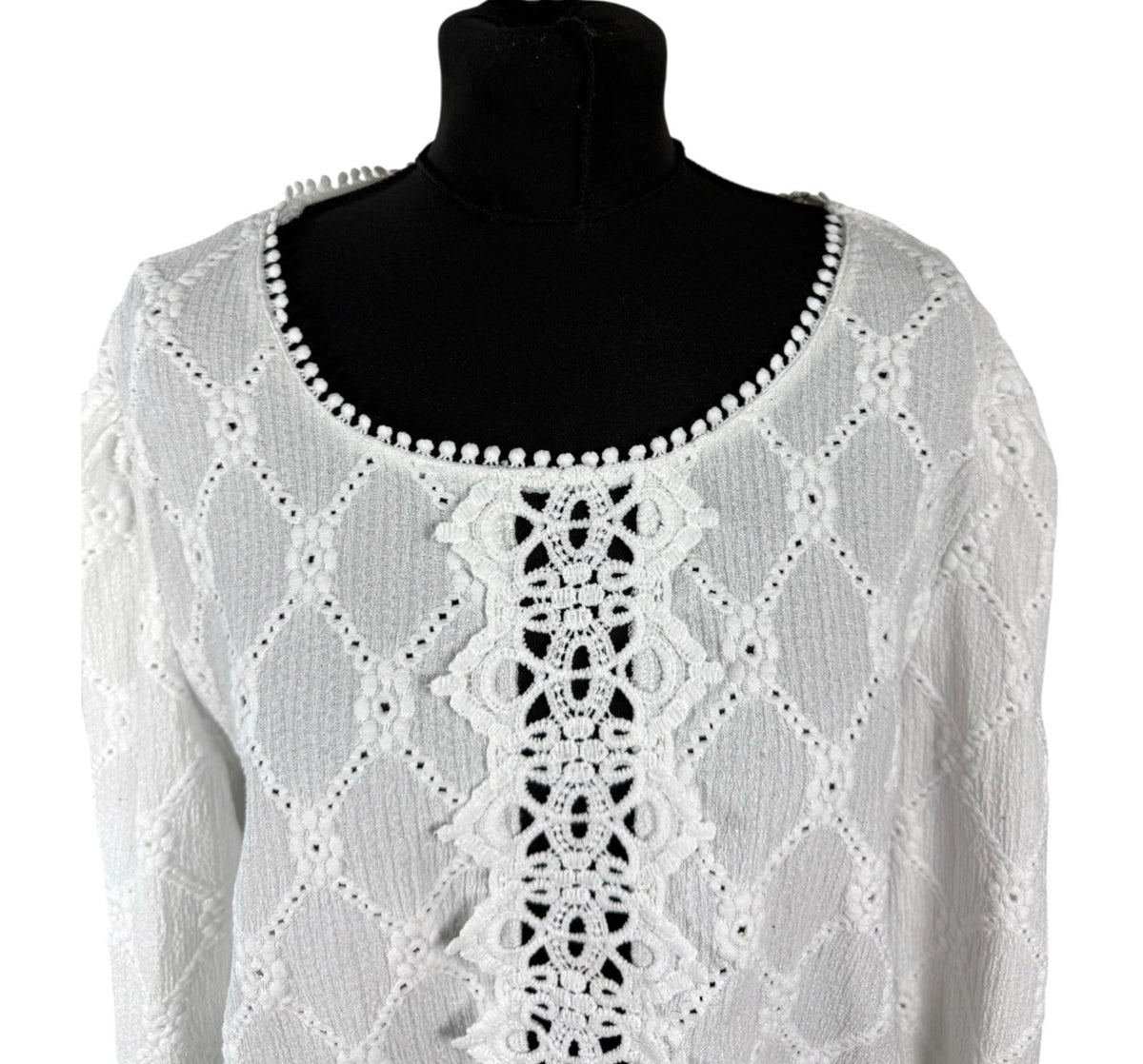 SHEIN White Shein Lace Blouse Women's UK Size XL White Long Sleeve Crochet Panel Round Neck