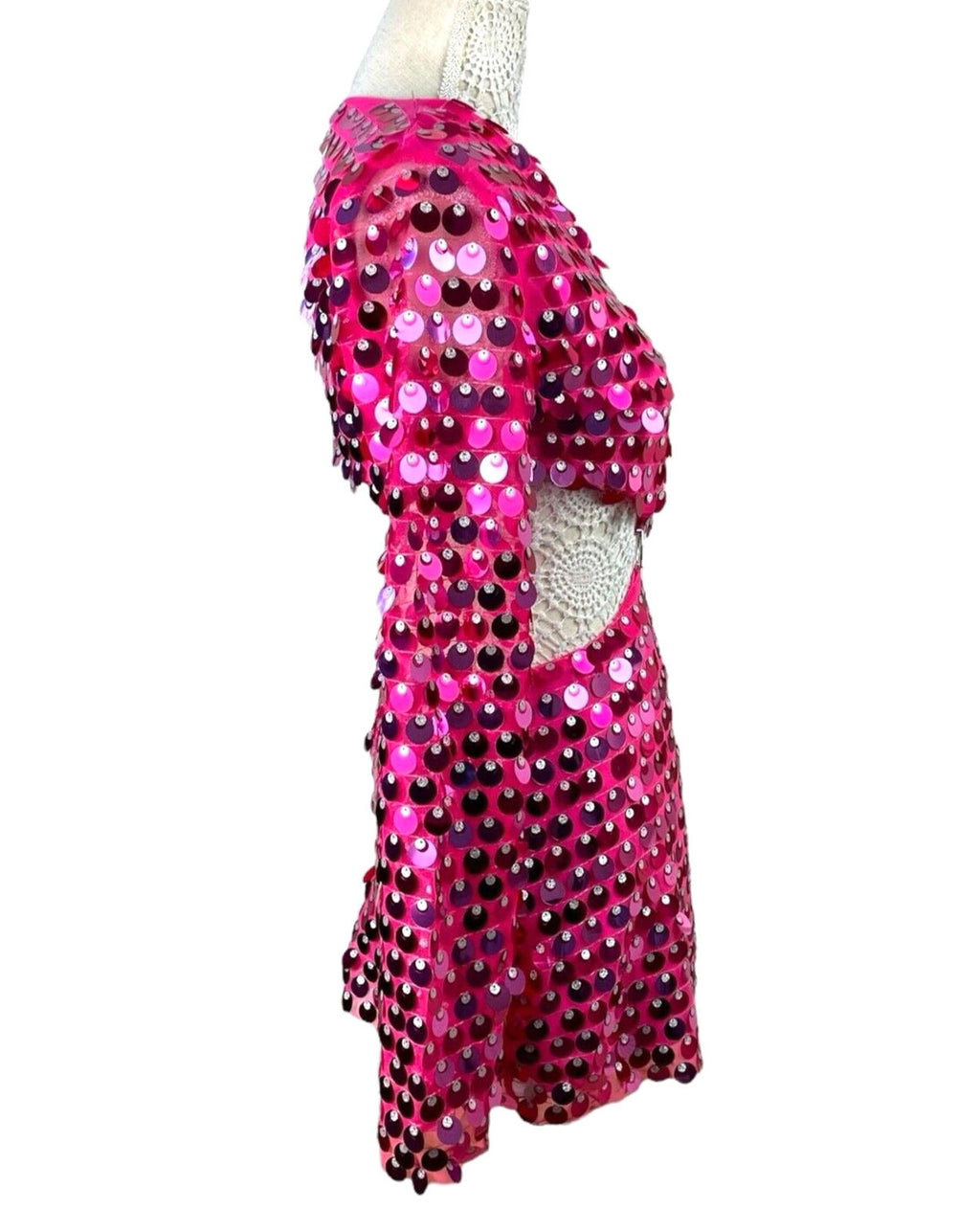 Bright Pink Big Sequin Cut Out Mini Dress Long Sheer Sleeve Women's UK Size 8-10