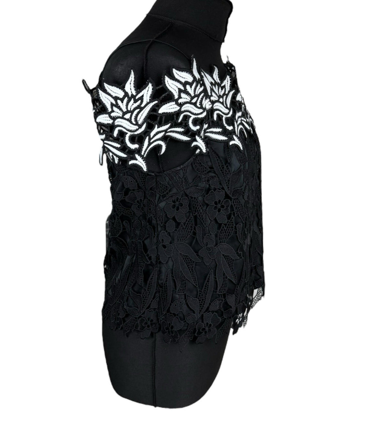 TopShop Black Topshop Black White Floral Lace Tank Top Strapping Sleeve Women's UK Size 10