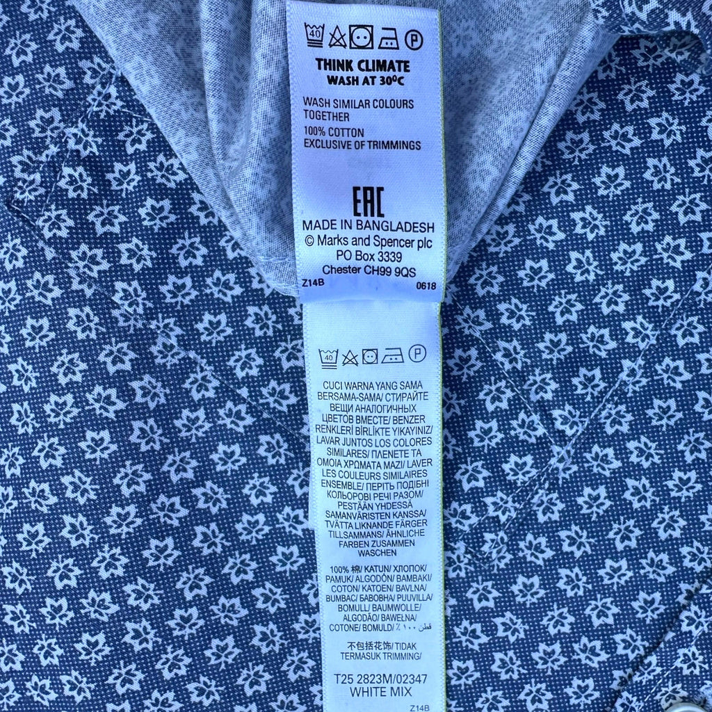 M&S Shirt Long Sleeve Floral Blue 100% Cotton Men's UK Size Large L