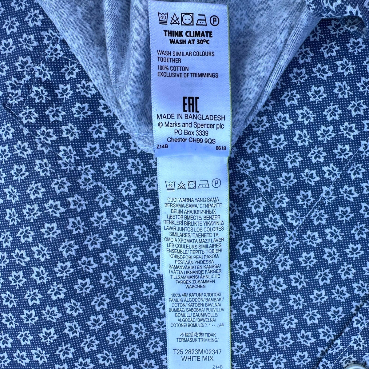 M&S Shirt Long Sleeve Floral Blue 100% Cotton Men's UK Size Large L