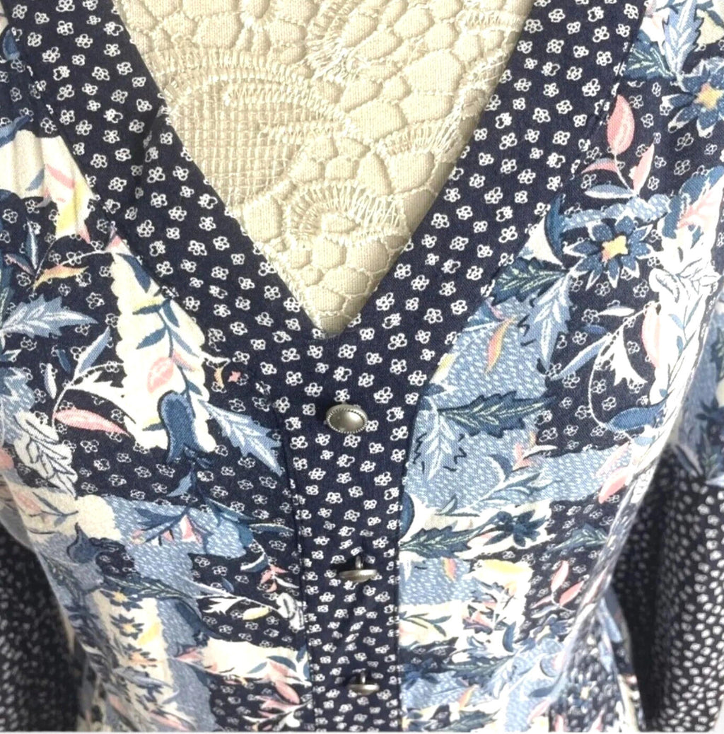 TU Floral Print Midi Dress Women's UK Size 10 Blue Long Bell Sleeve V-Neckline