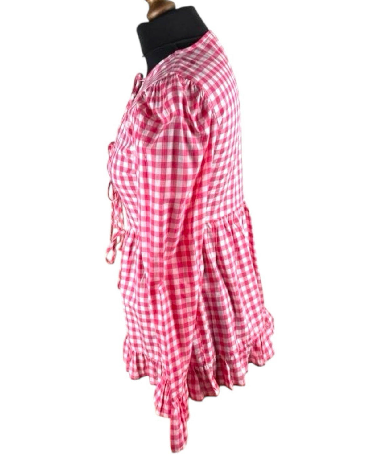 Red Gingham Tie Front Blouse Long Sleeve Grilled Hem Women's UK Size S