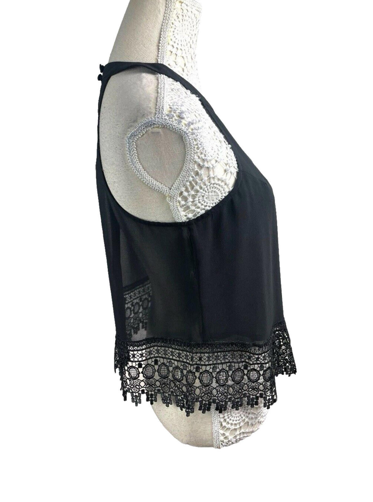 Glamours Black Crochet Hem High Neck Chiffon Tank Women's UK Size 12 Black Halter Sleeveless