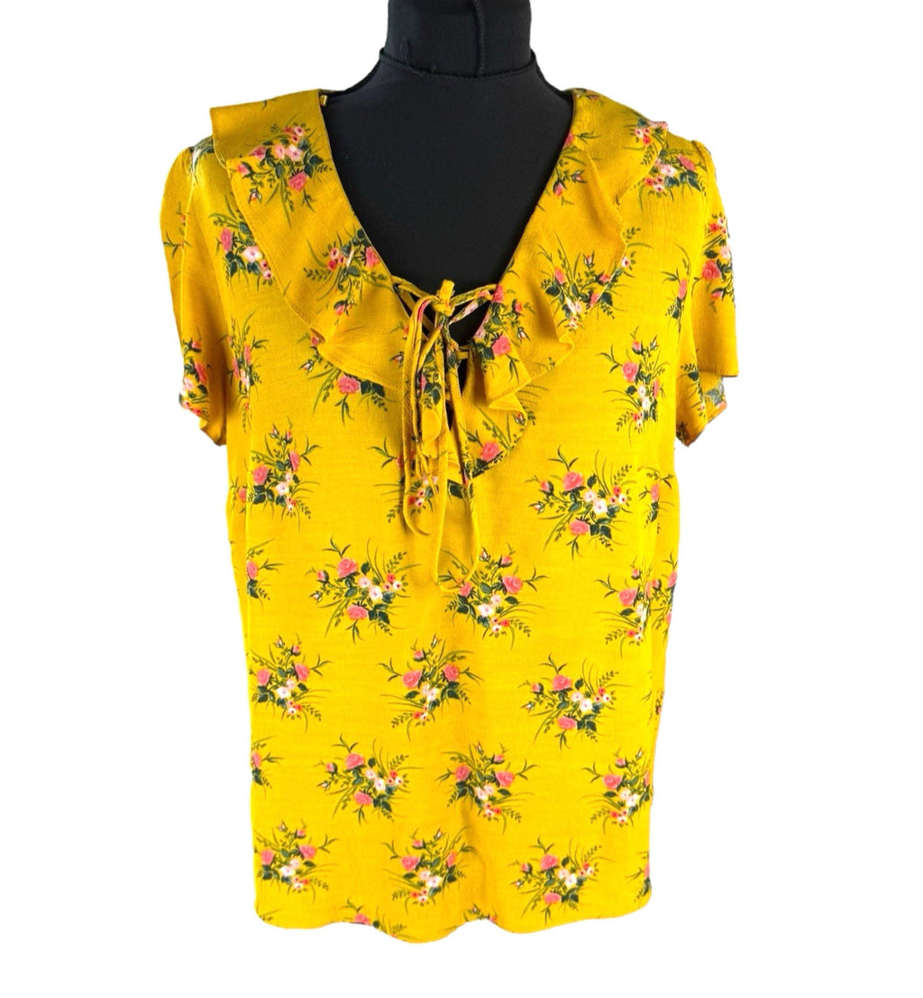 Dorothy Perkins Floral Blouse Women's UK Size 14 Yellow Ruffle Collar Tie Neck