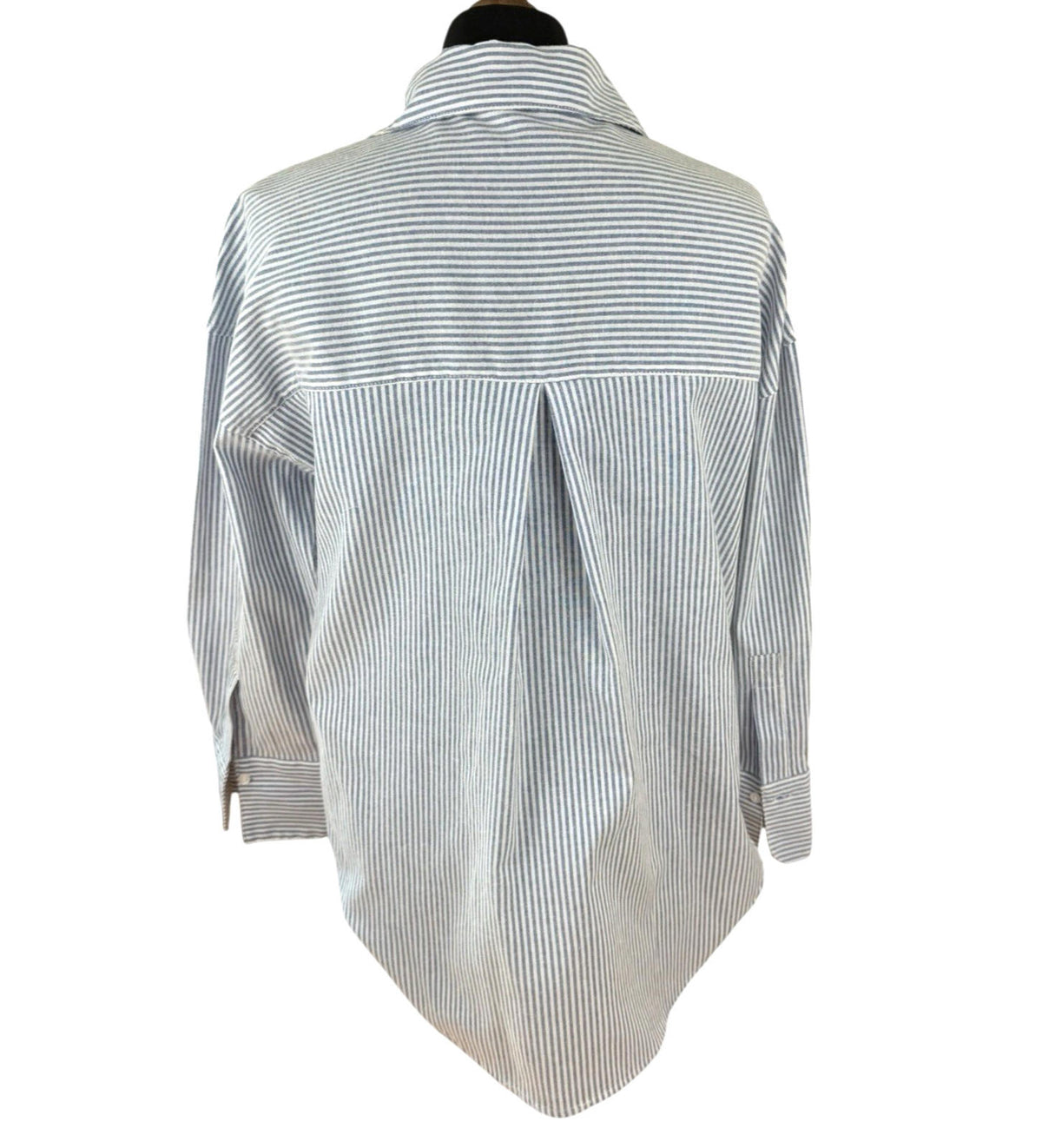 Zara Blue Stripe Shirt Blouse Collared Long Sleeve Distressed Women's UK Size S