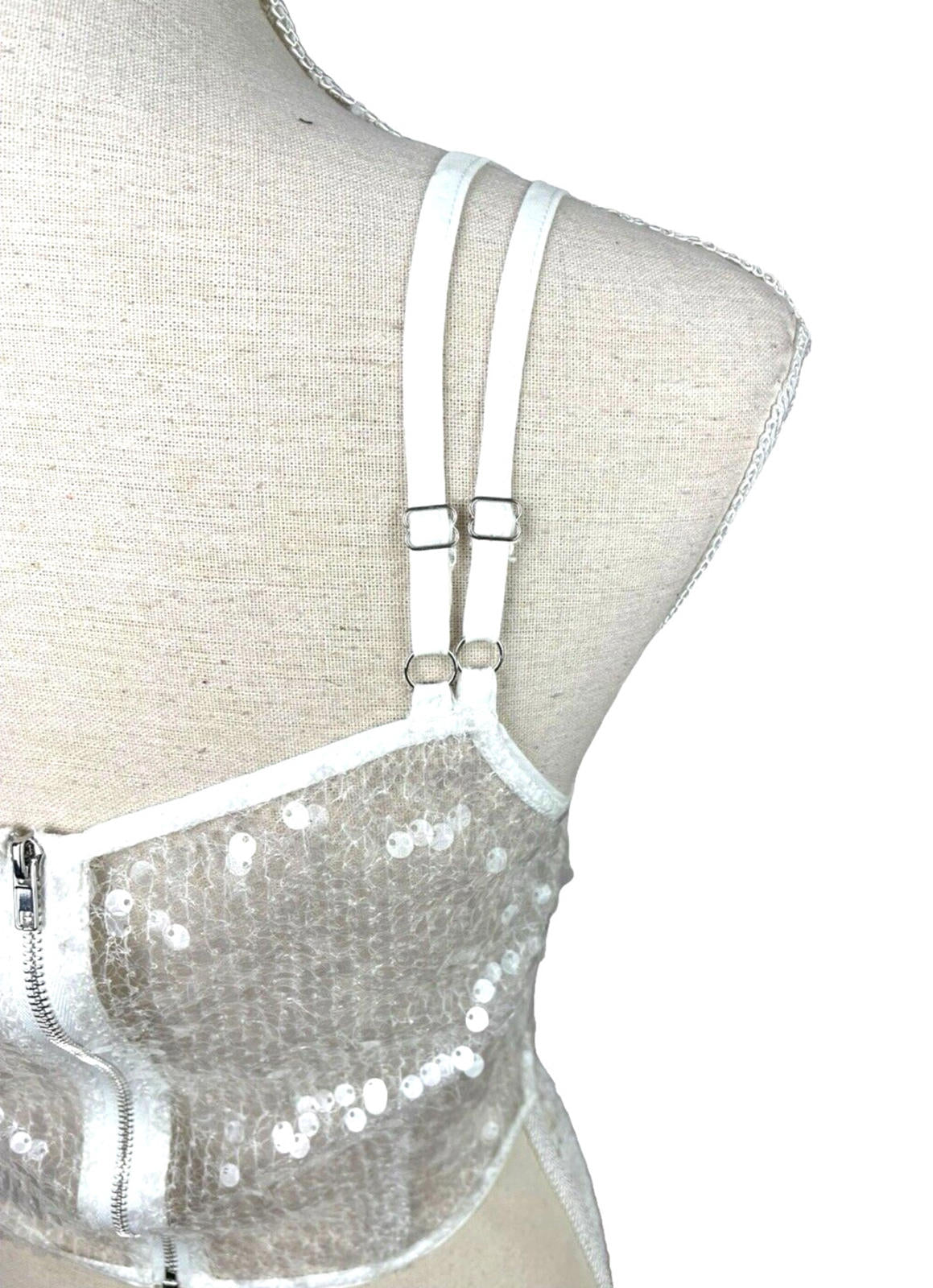 Pretty Little Thing Sheer Sequin One Sleeve Corset Top Women's UK Size 8 Cropped