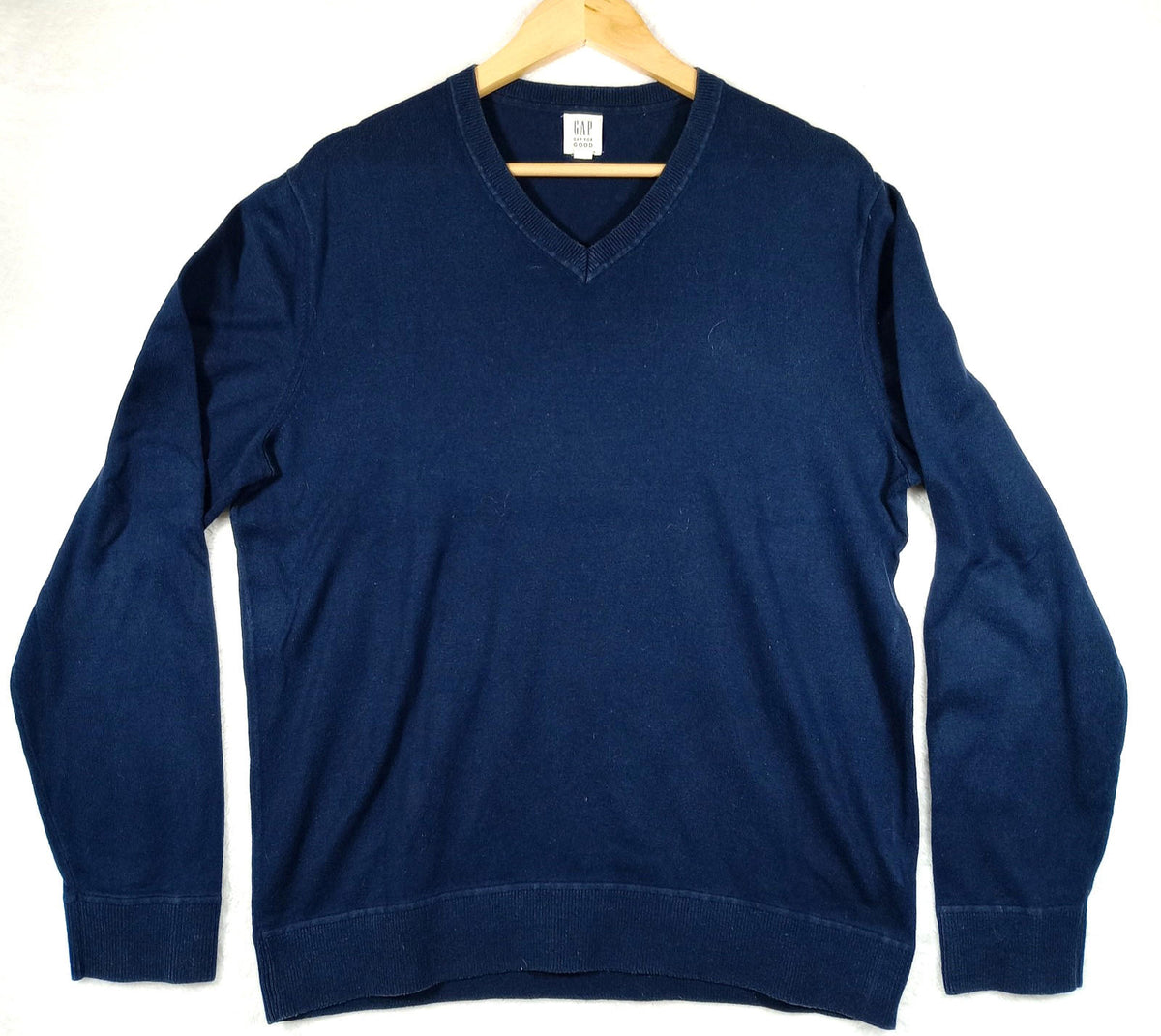 Gap Knit Jumper Men's UK Size L Navy Blue Long Sleeve 100% Cotton V-Neck Sweater