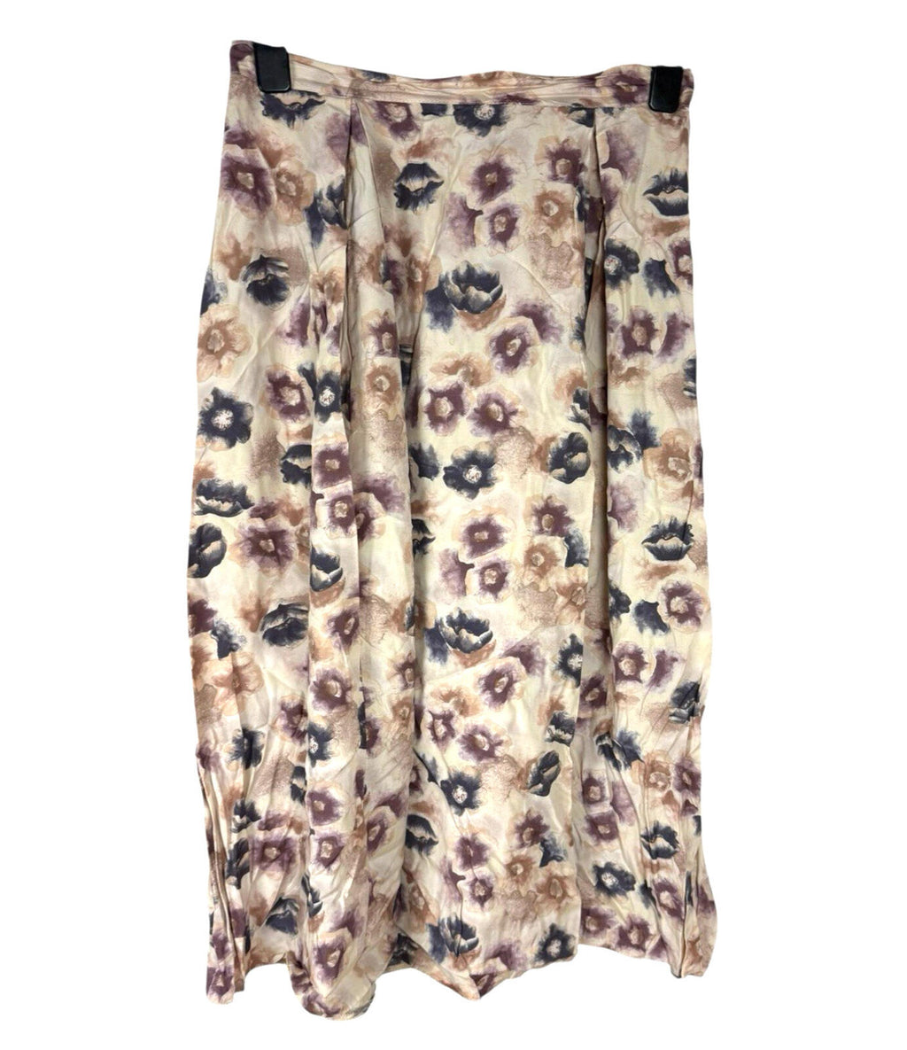 BHS Satin Midi Skirt Women's UK Size 16 High Waist A-Line Floral Beige