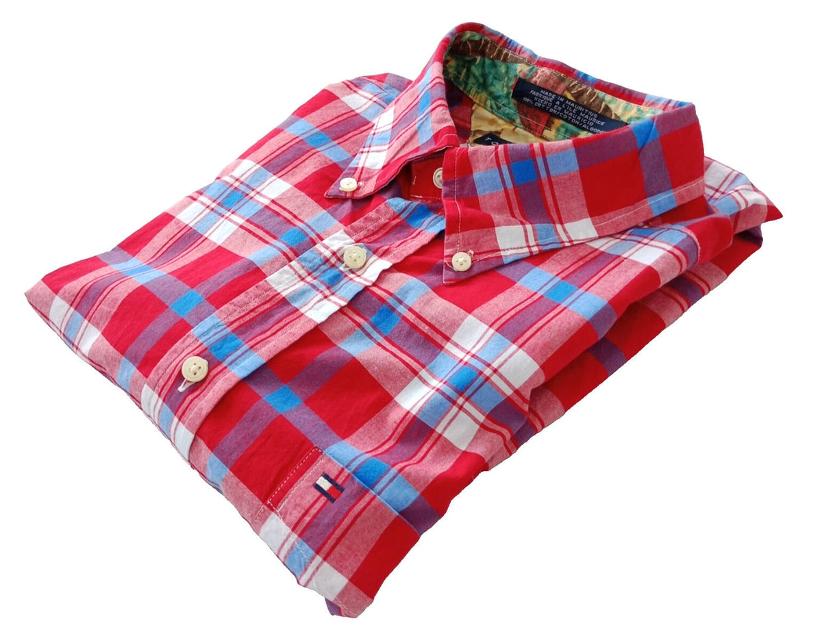 Tommy Hilfiger Shirt Men's UK Size L Red Check Short Sleeve Pockets 100% Cotton
