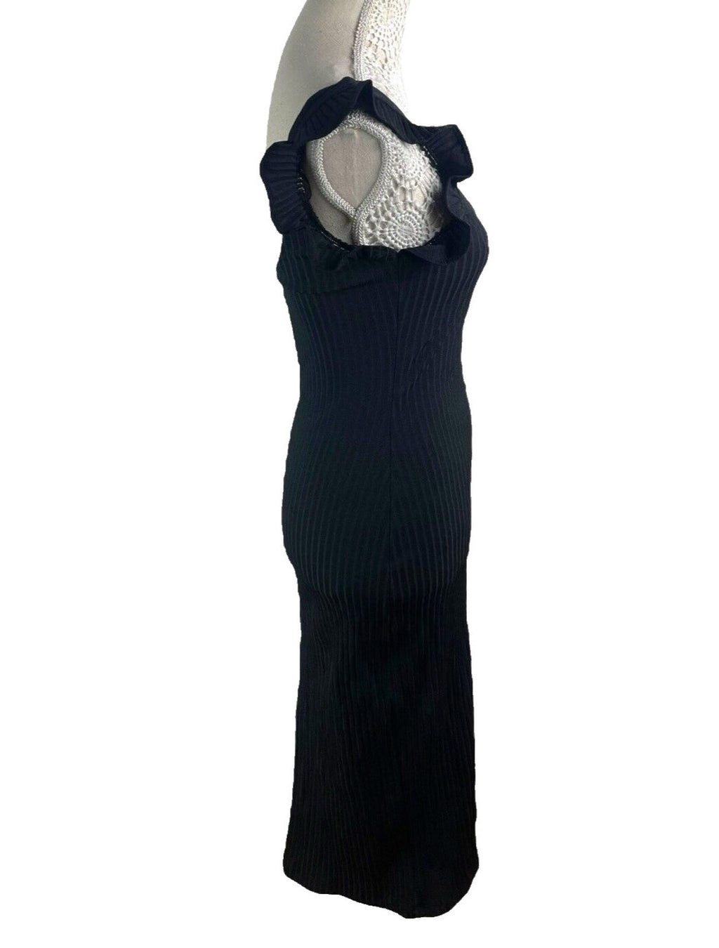 Zara Black Ribbed Maxi Dress Frill Straps Women's UK Size S