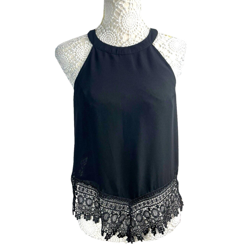 Glamours Black Crochet Hem High Neck Chiffon Tank Women's UK Size 12 Black Halter Sleeveless