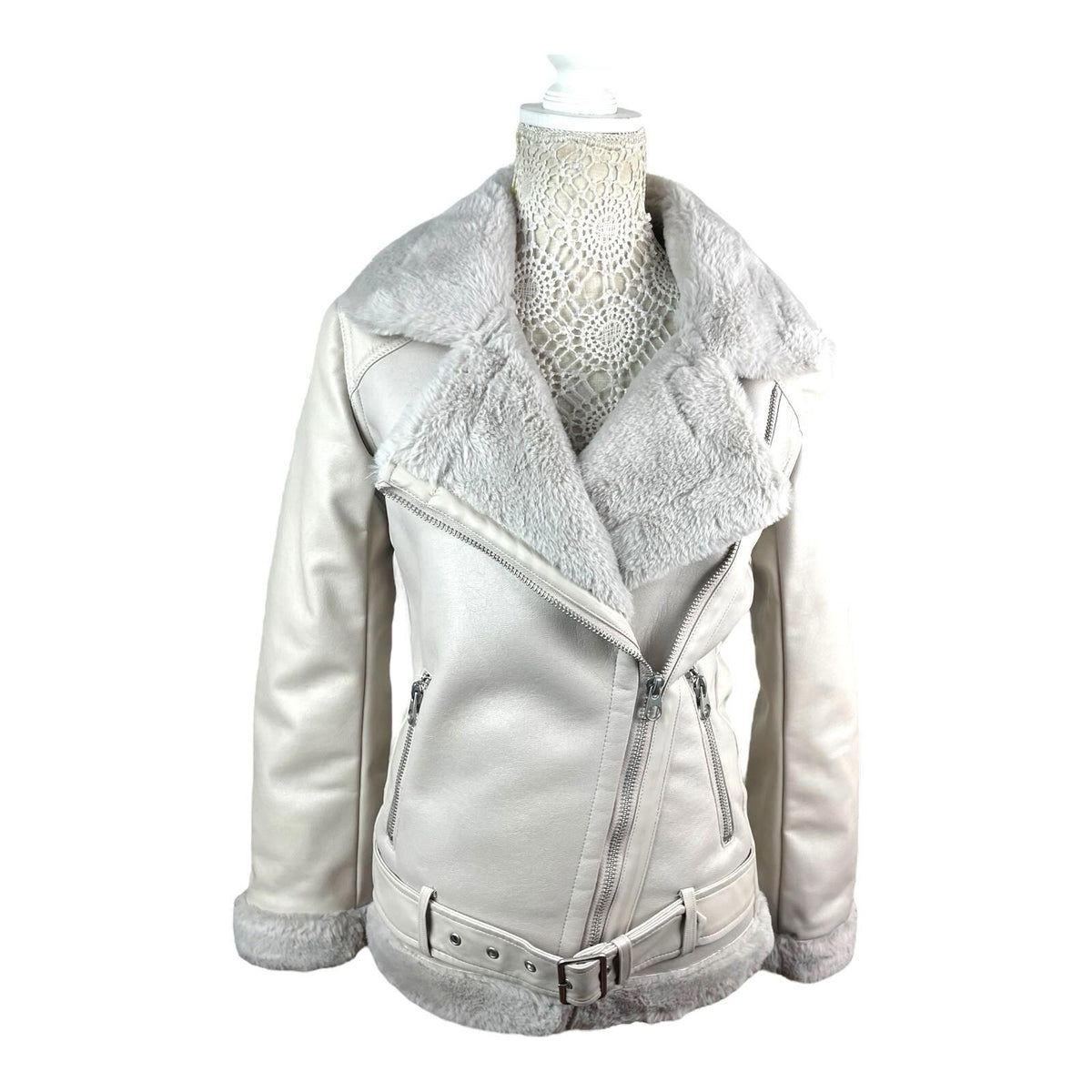 Divided Greige Faux Leather Jacket Fur Trim Collar Women's UK Size XXS
